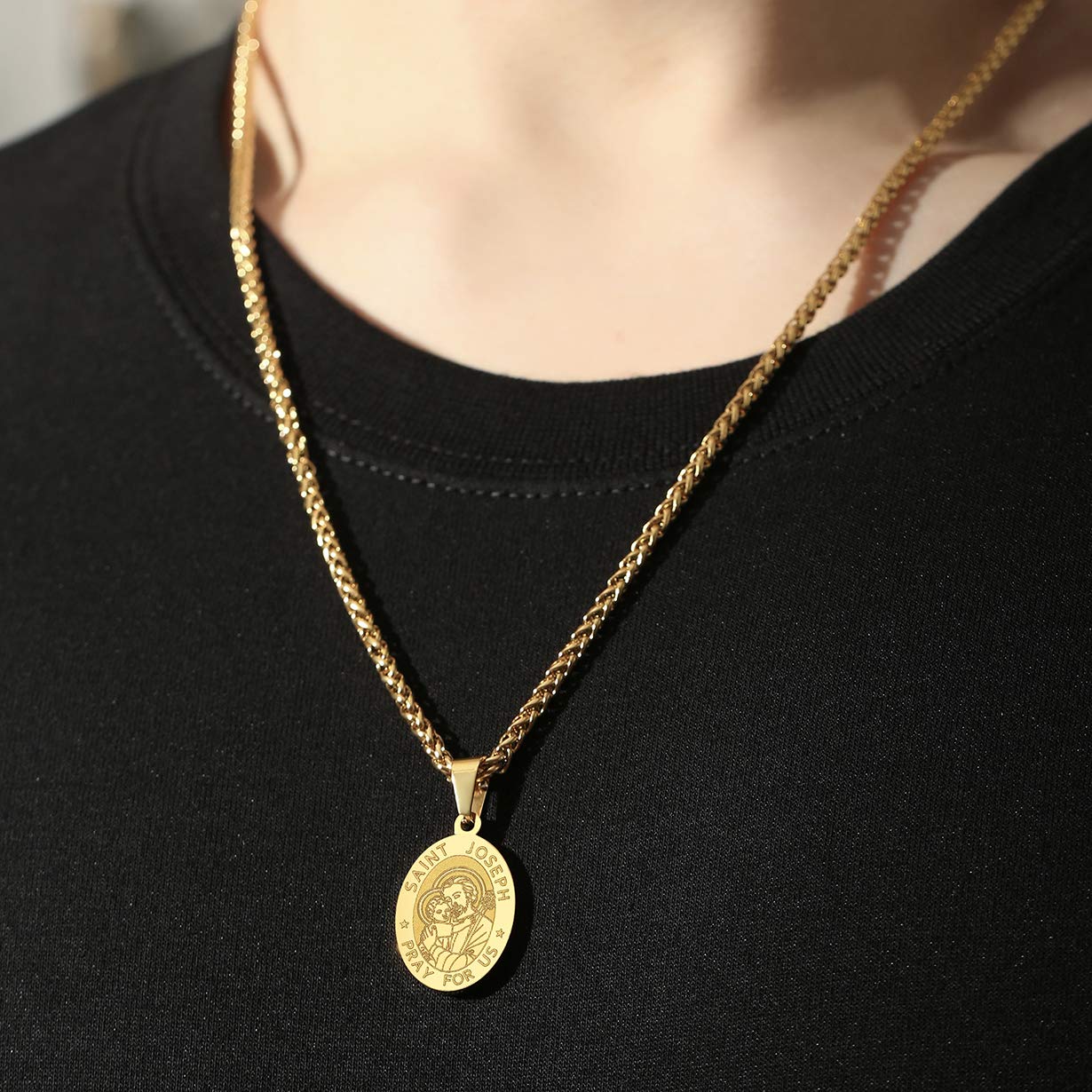 Zocomi 18K Gold Plated Saint St Joseph Medal Necklace for Men Boys, St. Joseph Pendant Chain Jewelry Catholic Christian Religiou