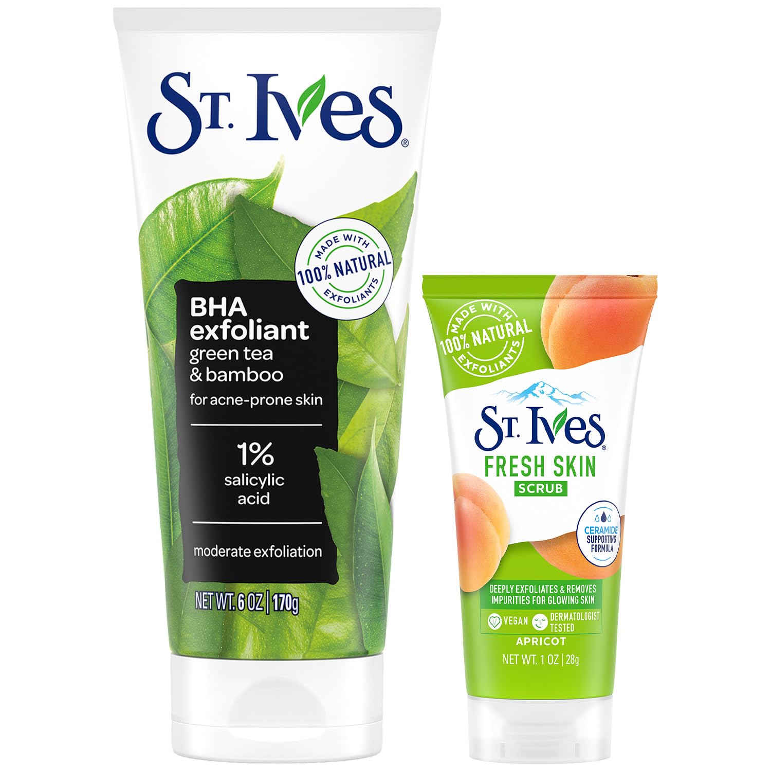 St. Ives Facial Scrub, BHA Green Tea & Bamboo with 1% Salicylic Acid for AcneProne Skin + TravelSize Fresh Skin Apricot Face S