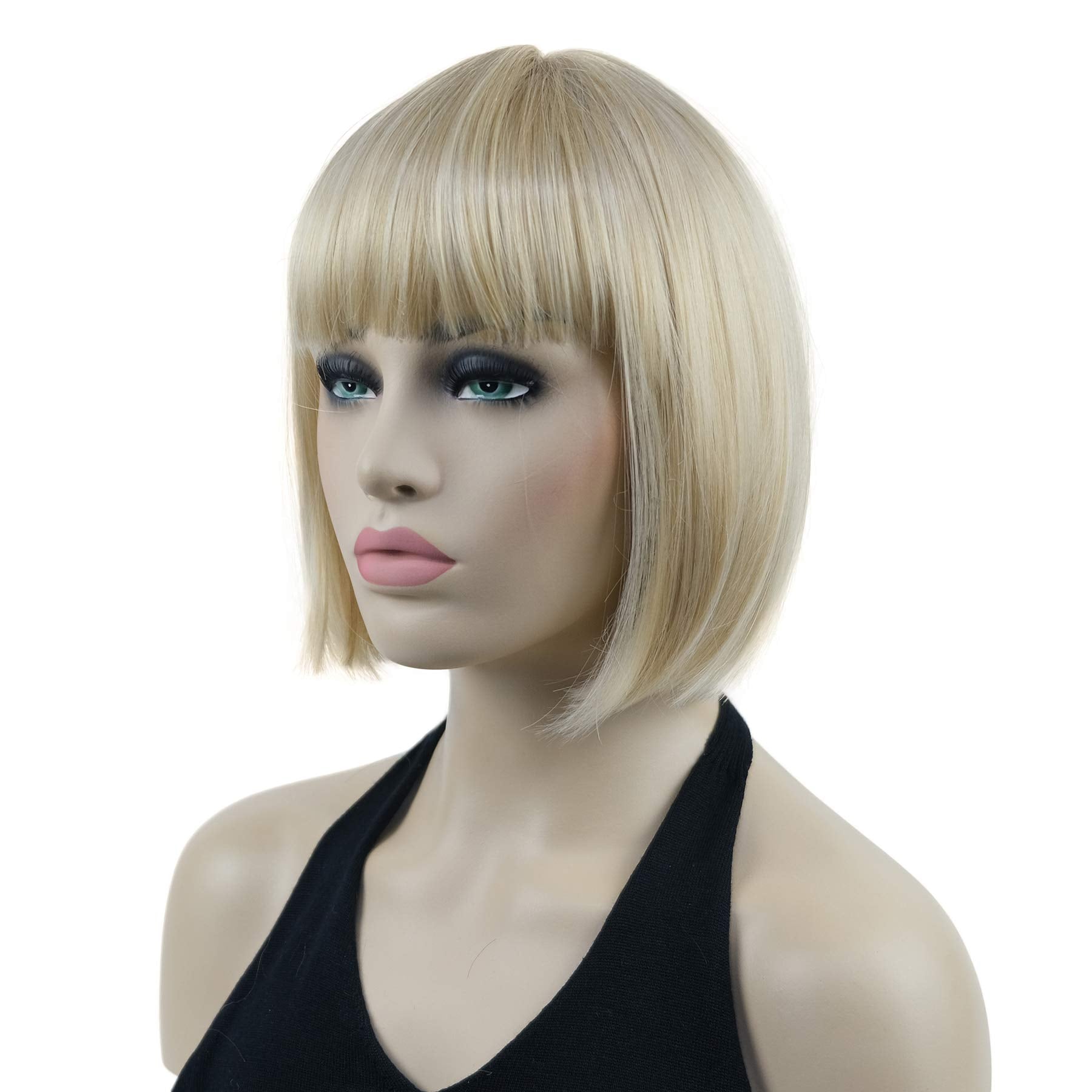 Lydell 8'' Straight Short Bob Hair Flat Bangs Cute Central Dot Skin Top Heat Resistant Synthetic Wigs (24Bt613 Blonde Mix)