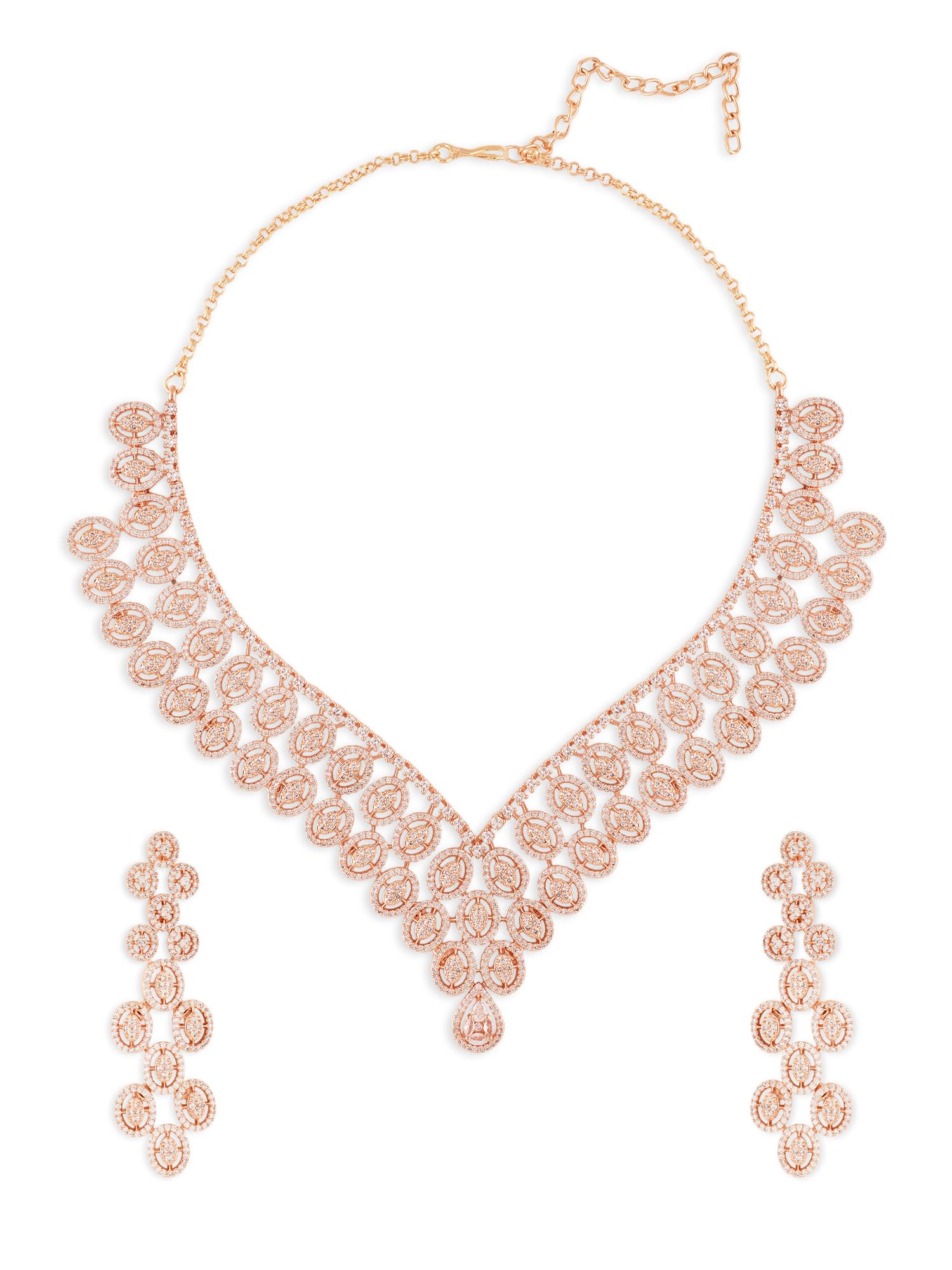 Zaveri Pearls Rose Gold Cubic Zirconia Contemporary Brass Necklace & Earring Set For WomenZpfk21107