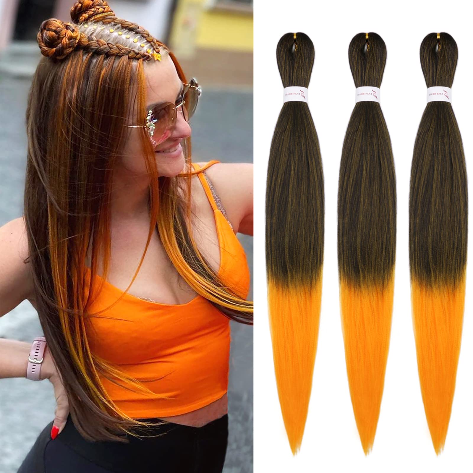 Iximii Black And Orange Pre Stretched Braiding Hair 26 Inch 3 Packs Prestretched Kanekalon Hair Soft Long Straight Synthetic Cro