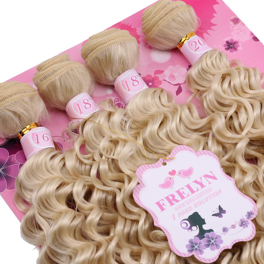 FRELYN Deep Wave Hair Bundles Blonde Curly Synthetic Hair Weave Extensions Color 613# 4 Pieces/pack (16 18 18 20) Texture Soft A