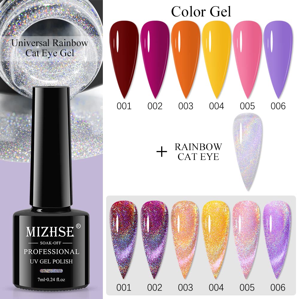 Mizhse Universal Rainbow Cat Eye Gel Nail Polish, Holographic 9D Cat Eye Magnetic Gel Polish With Magnet Stick, Shiny Glitter Ch