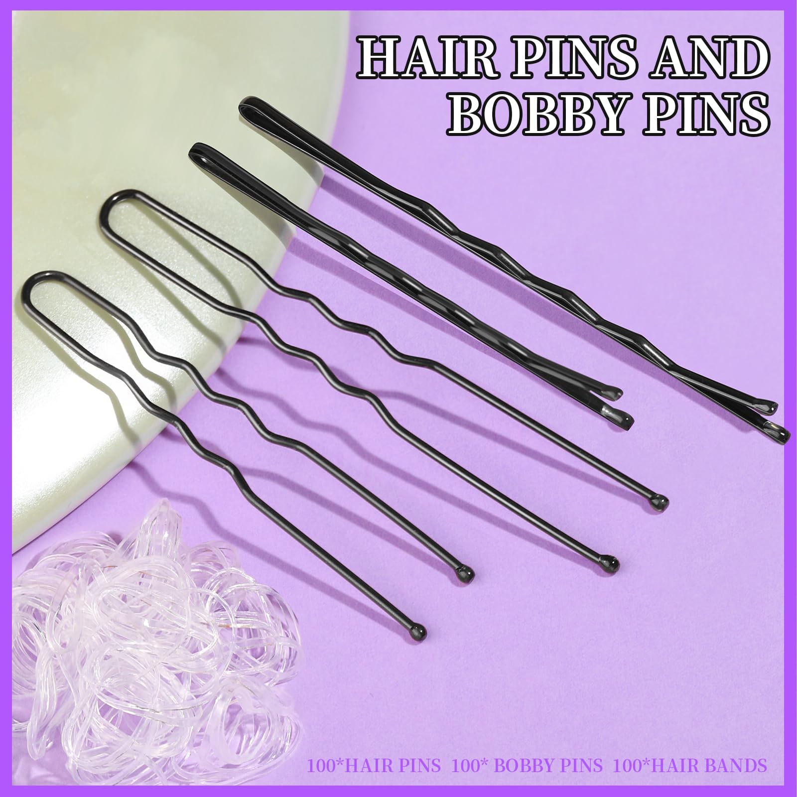 Teenitor 300Pcs Hair Pins Bobby Pins Black, 100 Black Bobby Pins 100 Hair Pins For Women And 100 Clear Hair Bands Kit, Black Hai