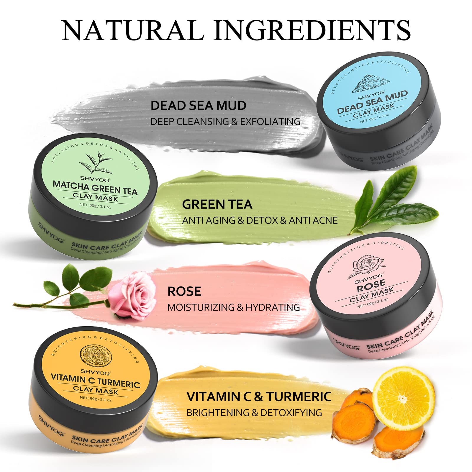4 Pcs Clay Facial Mask Set - Turmeric, Vitamin C, Green Tea, Dead Sea Mud, and Rose Clay Skin Care Mask for Deep Cleansing, Mois