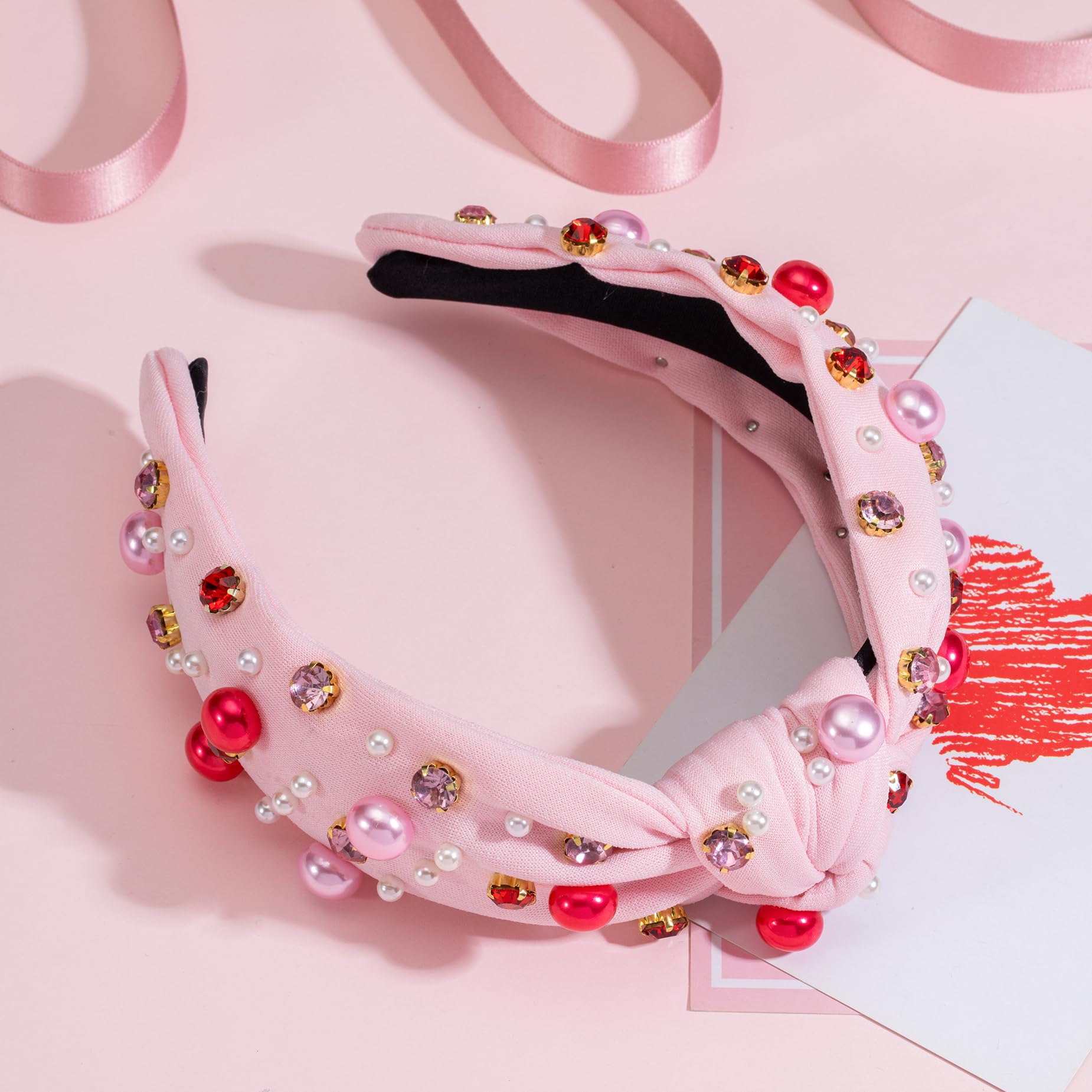 Mixcbe Valentine'S Day Hair Accessories Gifts, Pearl Headband For Women Holiday Red Pink Crystal Jeweled Knotted Headband, Wide