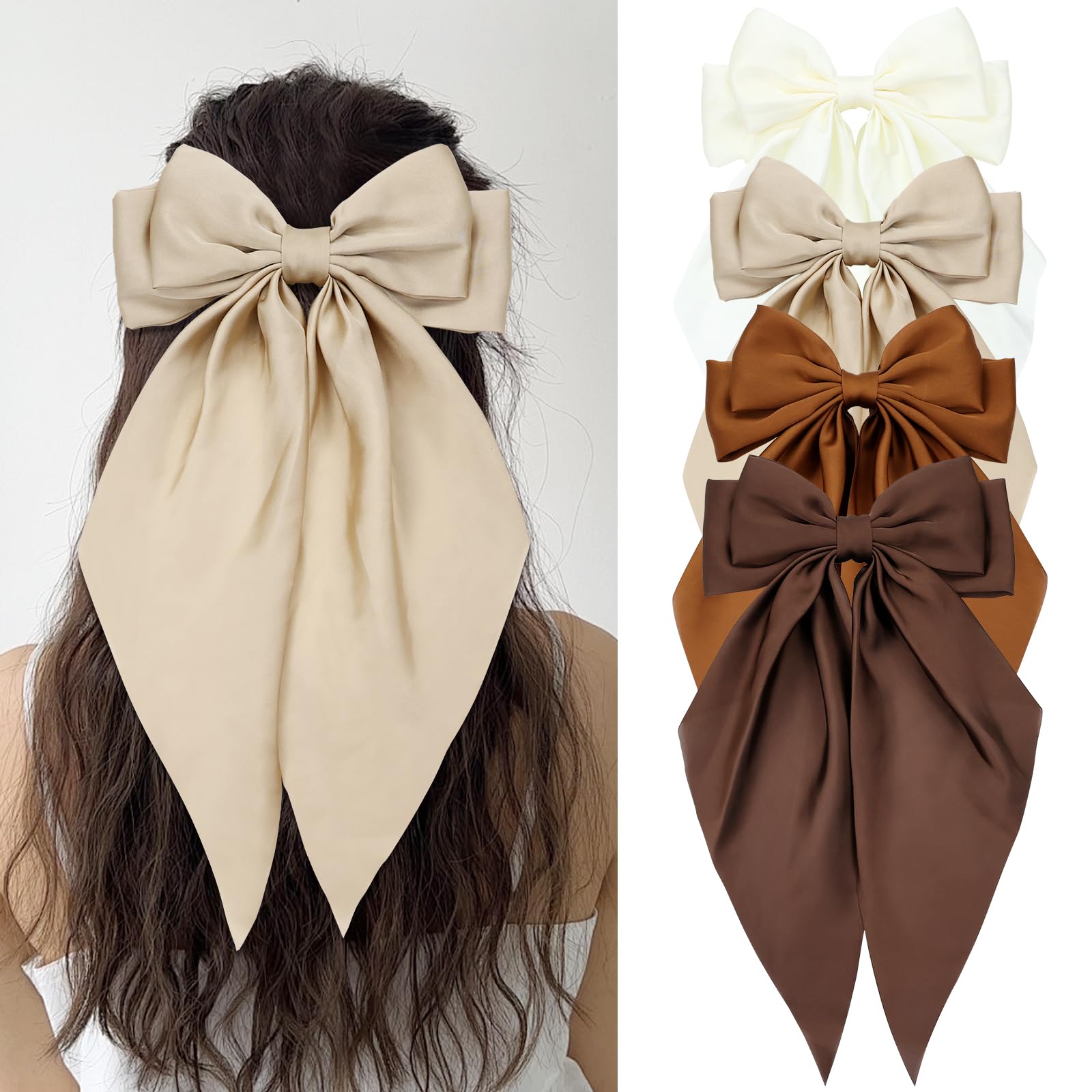 Cinaci 4 Pieces Large Big Oversized Satin Hair Bows with Long Tail Bow French Barrettes Hair Clips Accessories for Women Girls T