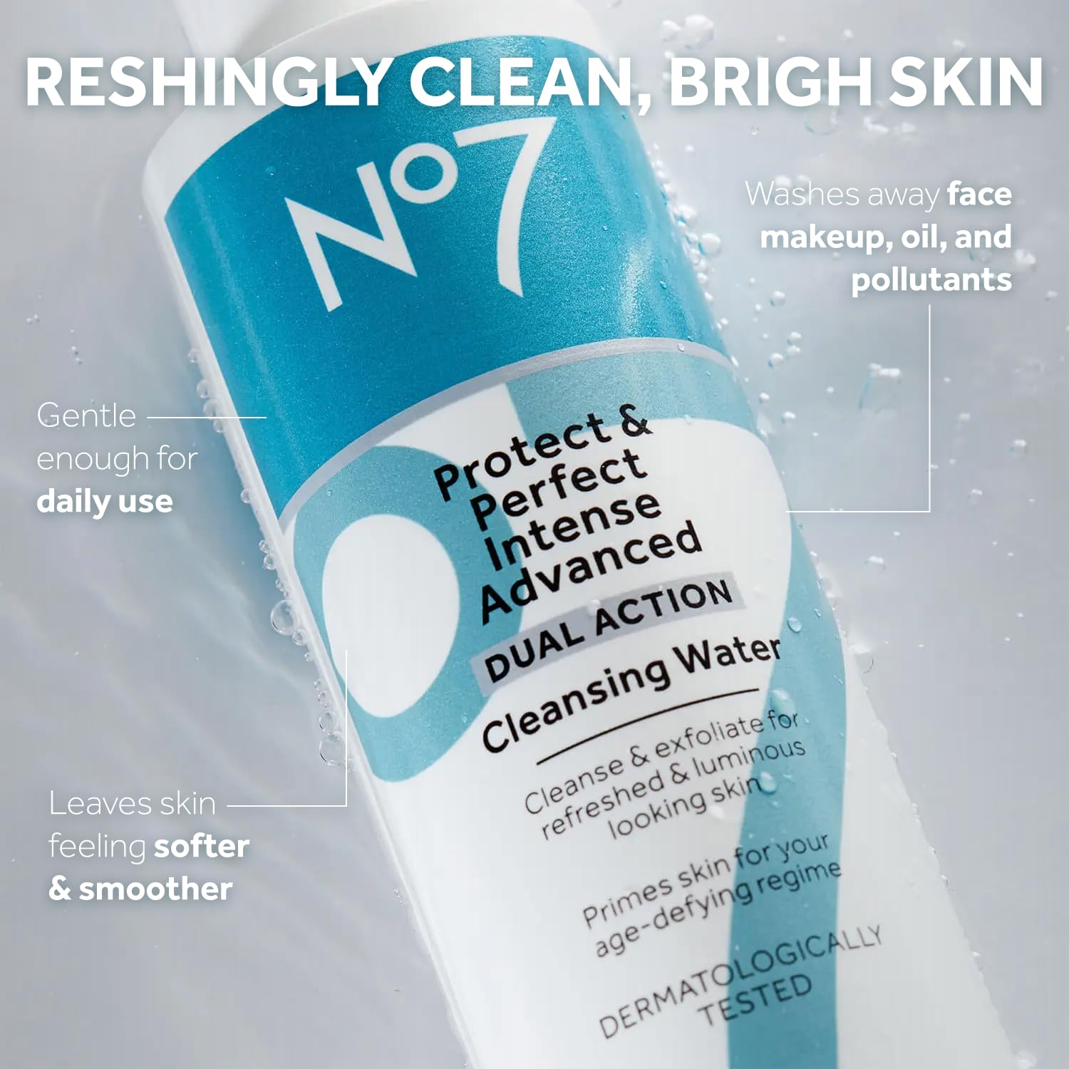 No7 Protect & Perfect Intense Advanced Cleansing Water - Dual Action Facial Cleanser + Makeup Remover - Cleansing Facial Water +