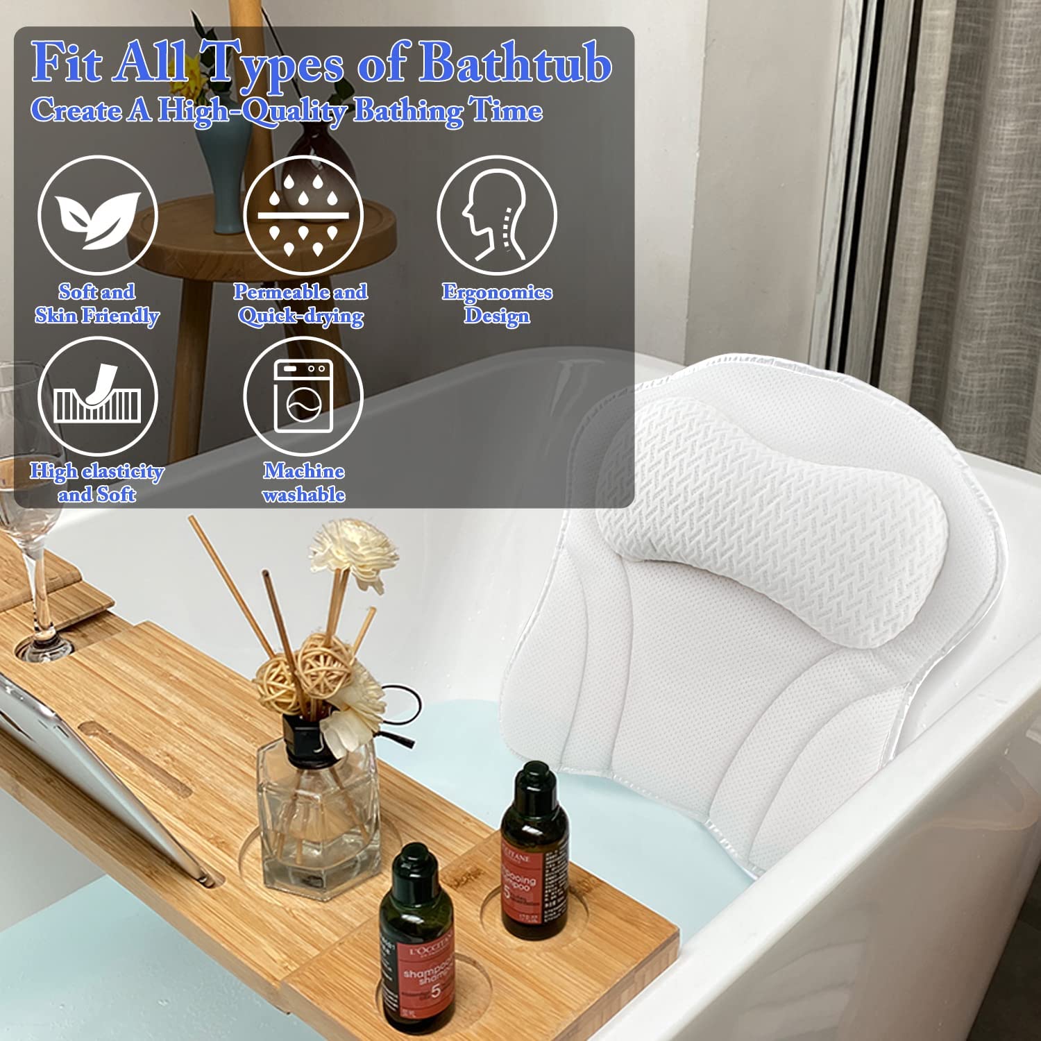 Caycoin Bath Pillow For Tub Comfort Bathtub Pillow, Ergonomic Bath Pillows For Tub Neck And Back Support With 6 Suction Cups, Ul