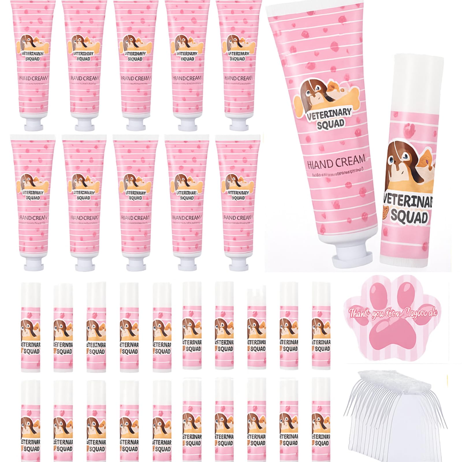 Heigble 30 Sets Christmas Vet Tech Hand Cream and Lip Balm Bulk Hand Lotion Lip Balm with Organza Bag Thank You Tag for Veterina
