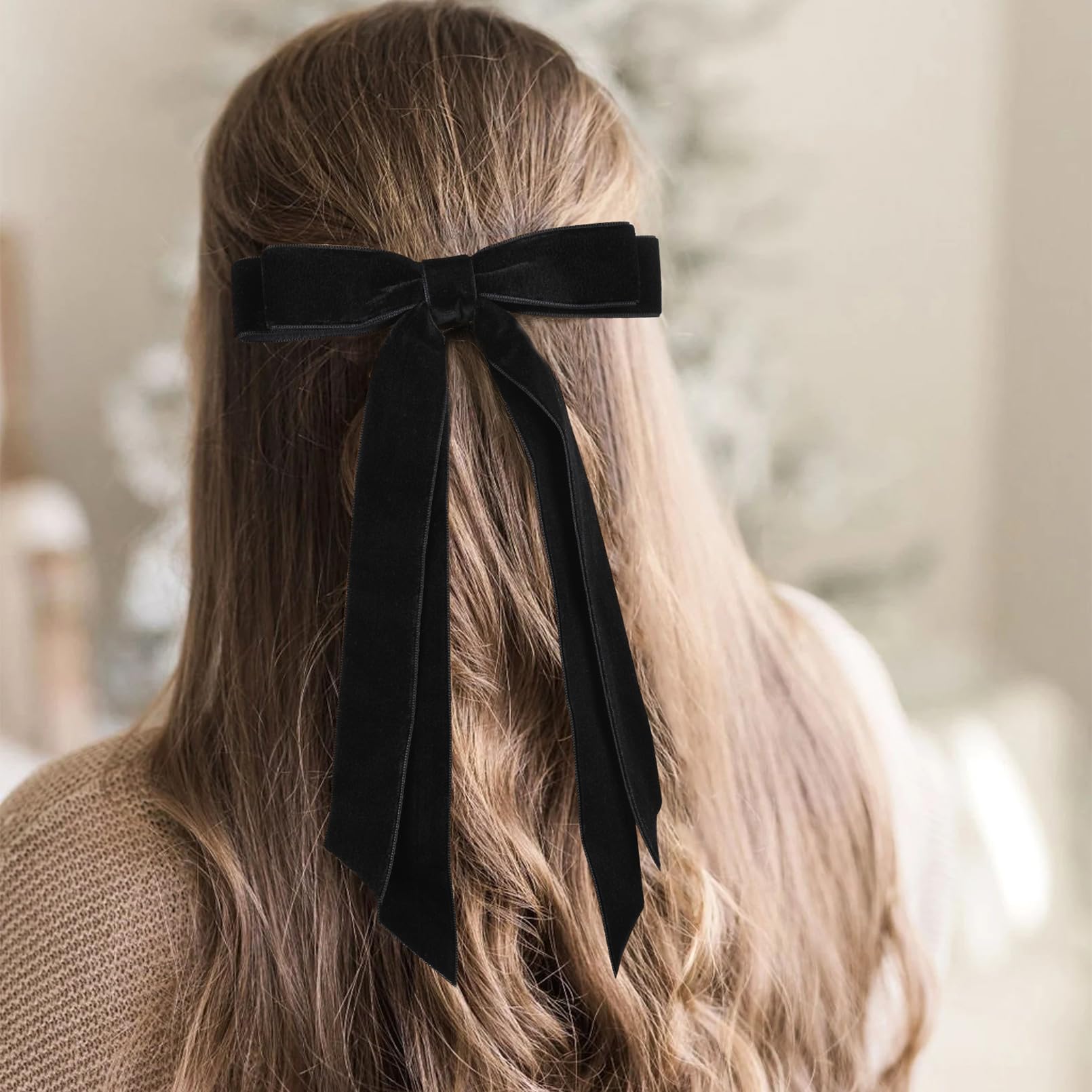 Aileam 2Pcs Velvet Hair Bows Ribbon Hair Clip Black Accessories Ponytail Holder Accessories Slides Metal Clips Hair Bow For Wome
