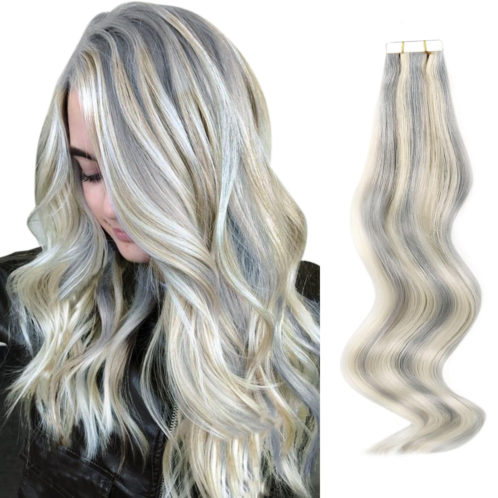 Abh Amazingbeauty Hair 18 Inch Hair Extensions Real Human Hair Tape In Silver White Highlighted Platinum Blonde Human Tape In Ha