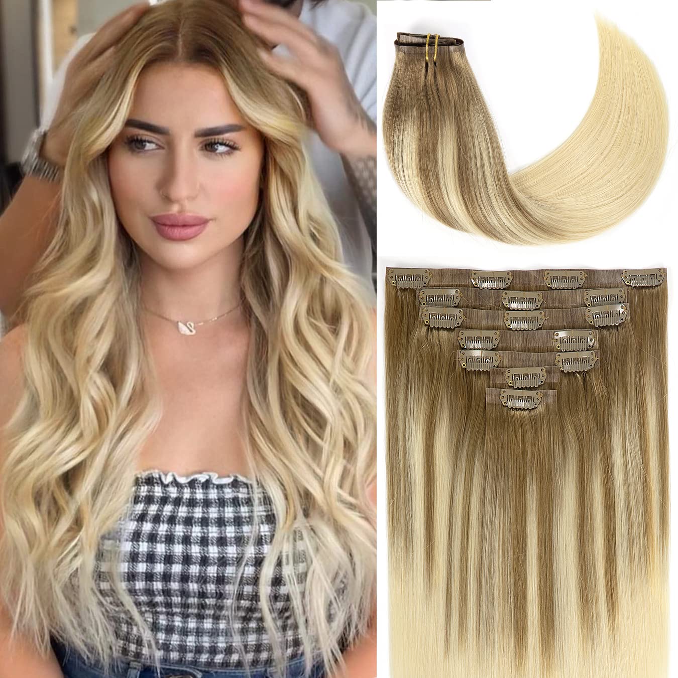 Loxxy 22Inch Seamless Real Hair Extensions Clip in Human Hair Ultra Thin PU Weft Invisible Balayage Light Brown Fading to Light 
