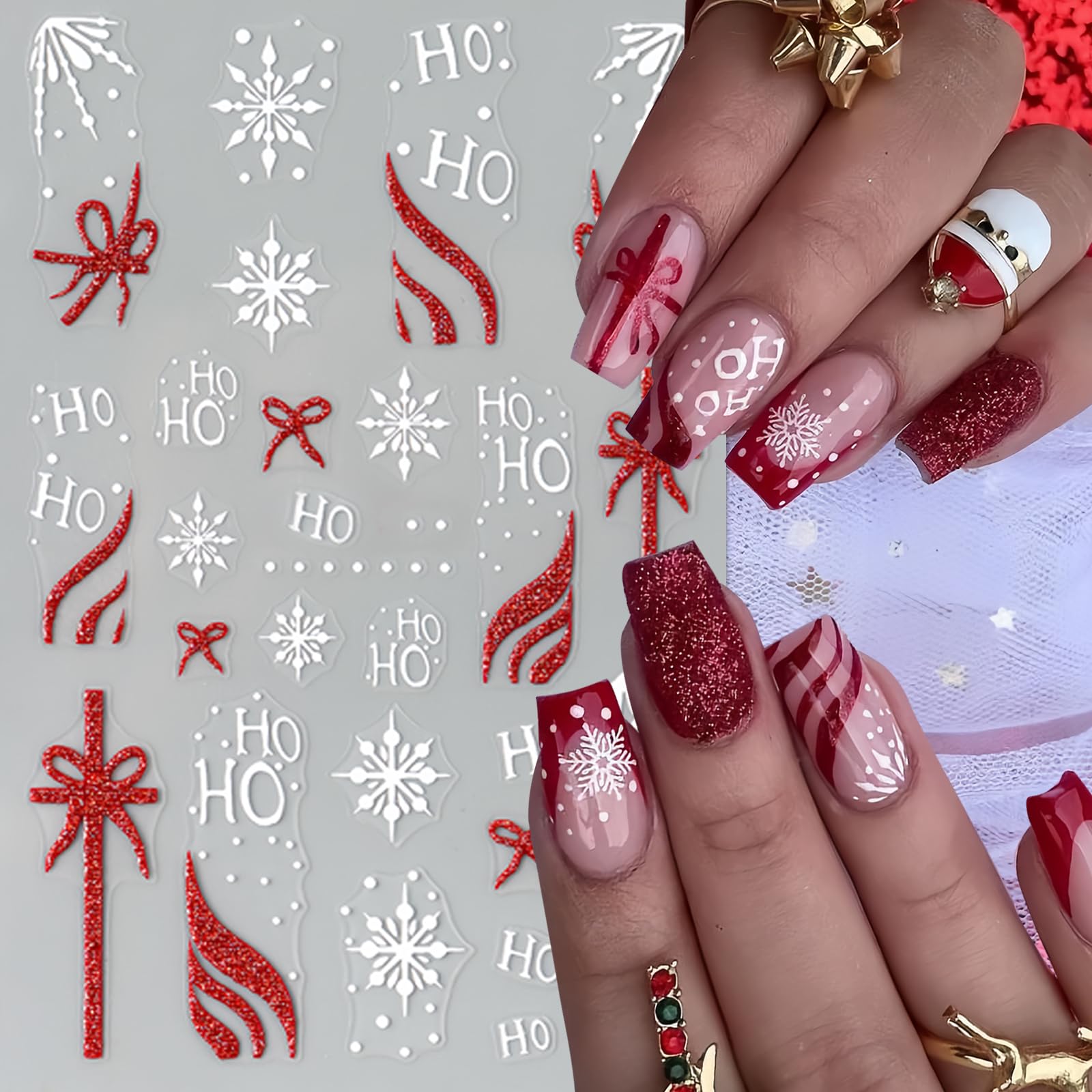 SHUXILIN Christmas Nail Stickers, 6 Sheets Red French Glitter & Snowflake Design, Holiday Nail Art Decals for Women