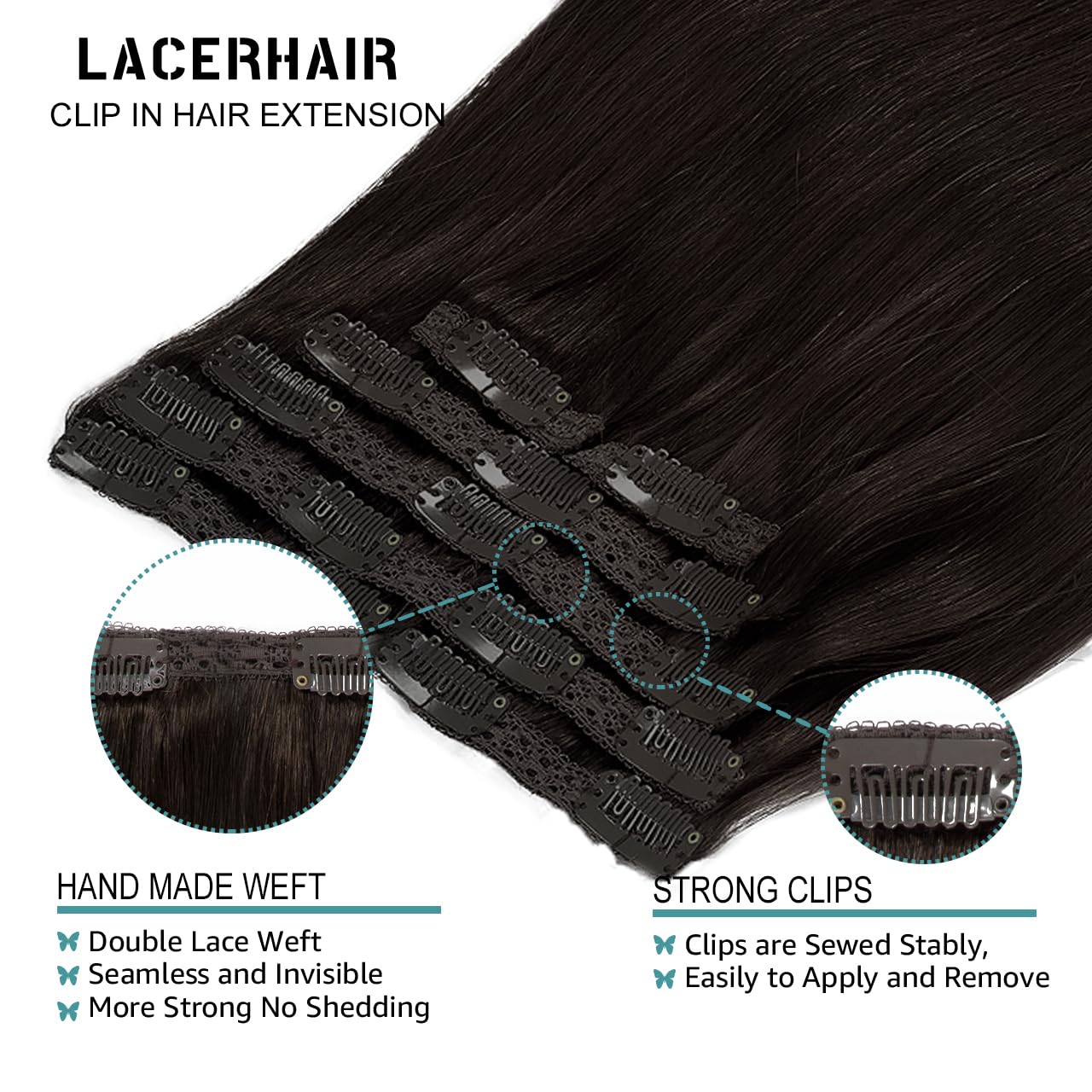 Lacer Hair Extensions Clip In Human Hair 22 Inch Darkest Brown #2 Double Weft 7Pieces 140G Silky Straight Natural Hair Lace Clip