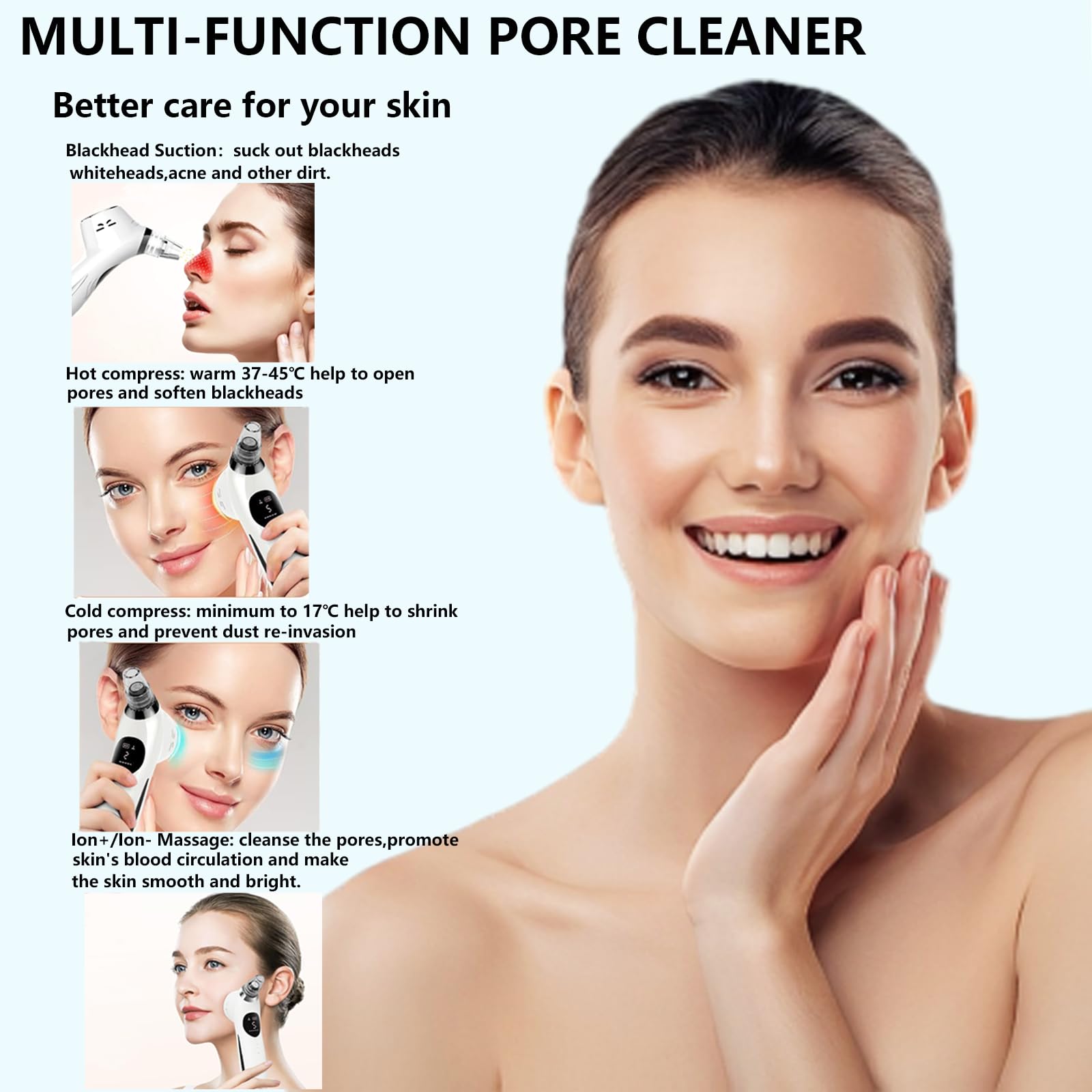 Blackhead Remover Vacuum,USB Interface Type Pore Cleaner with Hot&Cold Compress,Positive&Negative Ion Massage, Blackhead Extract