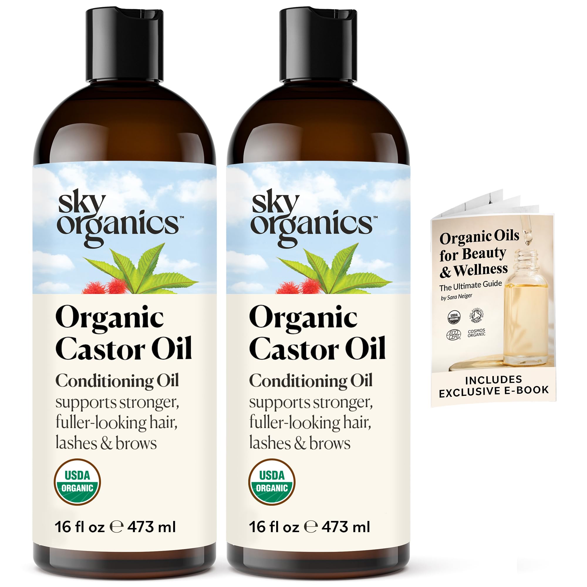 Sky Organics Castor Oil (2x16oz) USDA Organic Cold-Pressed Unrefined100% Pure Hexane-Free Castor Oil Conditioning & Healing For 