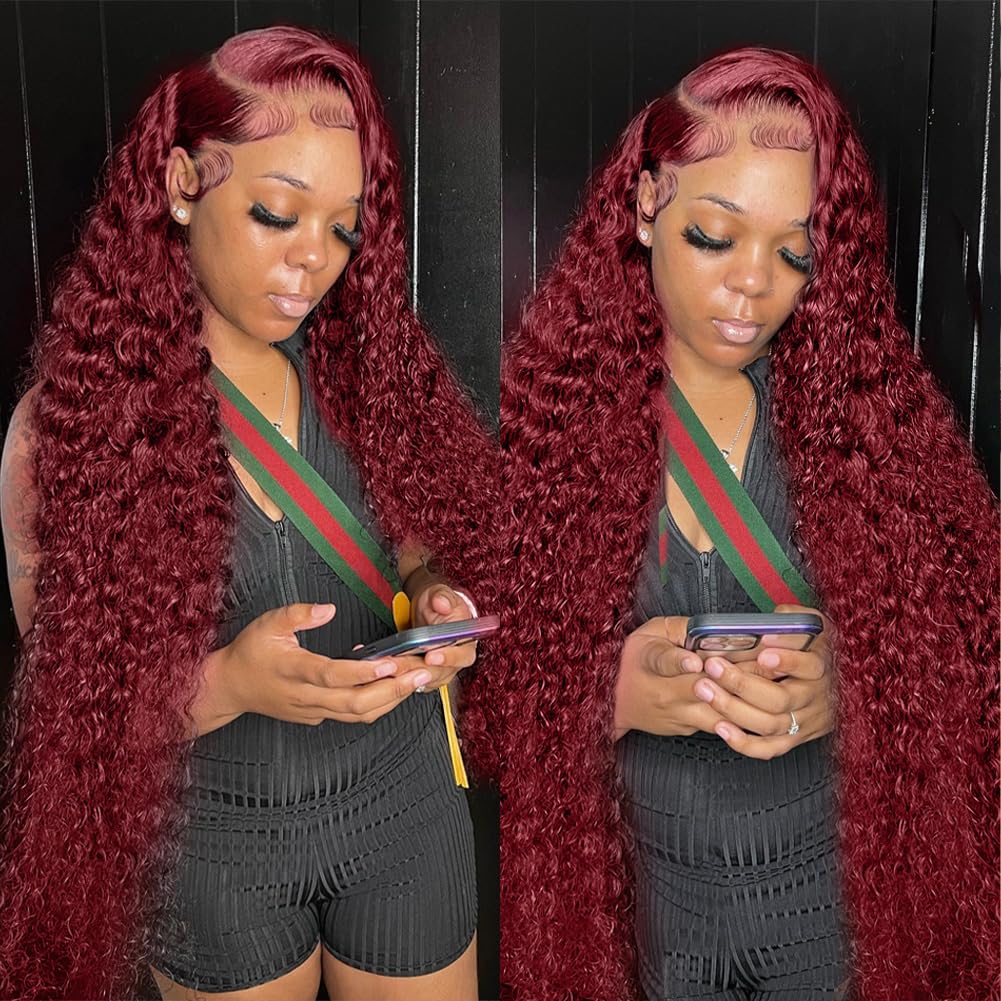 Alibeauty 99J Burgundy Deep Wave Lace Front Wigs Human Hair Pre Plucked with Baby Hair 13x4 HD Transparent Lace Frontal Wigs Hum