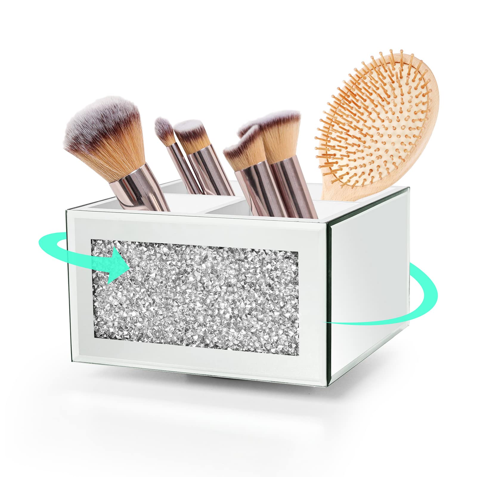 SWTHONY 360 Rotating Makeup Brush Holder Organizer, Silver Bling 4 Slot Crushed Diamond Glass Mirrored Cosmetic Brushes Storage,