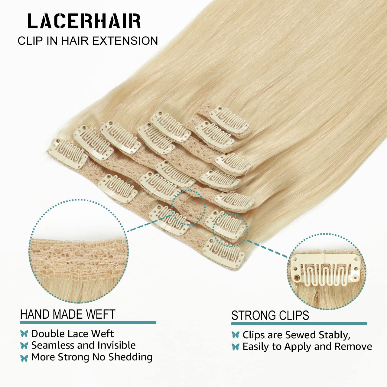 Lacer 22 Inch Full Head Silky Straight 100% Human Hair Clip In Extensions Light Platinum Blond #60A 7Pieces 140G Double Weft Ext