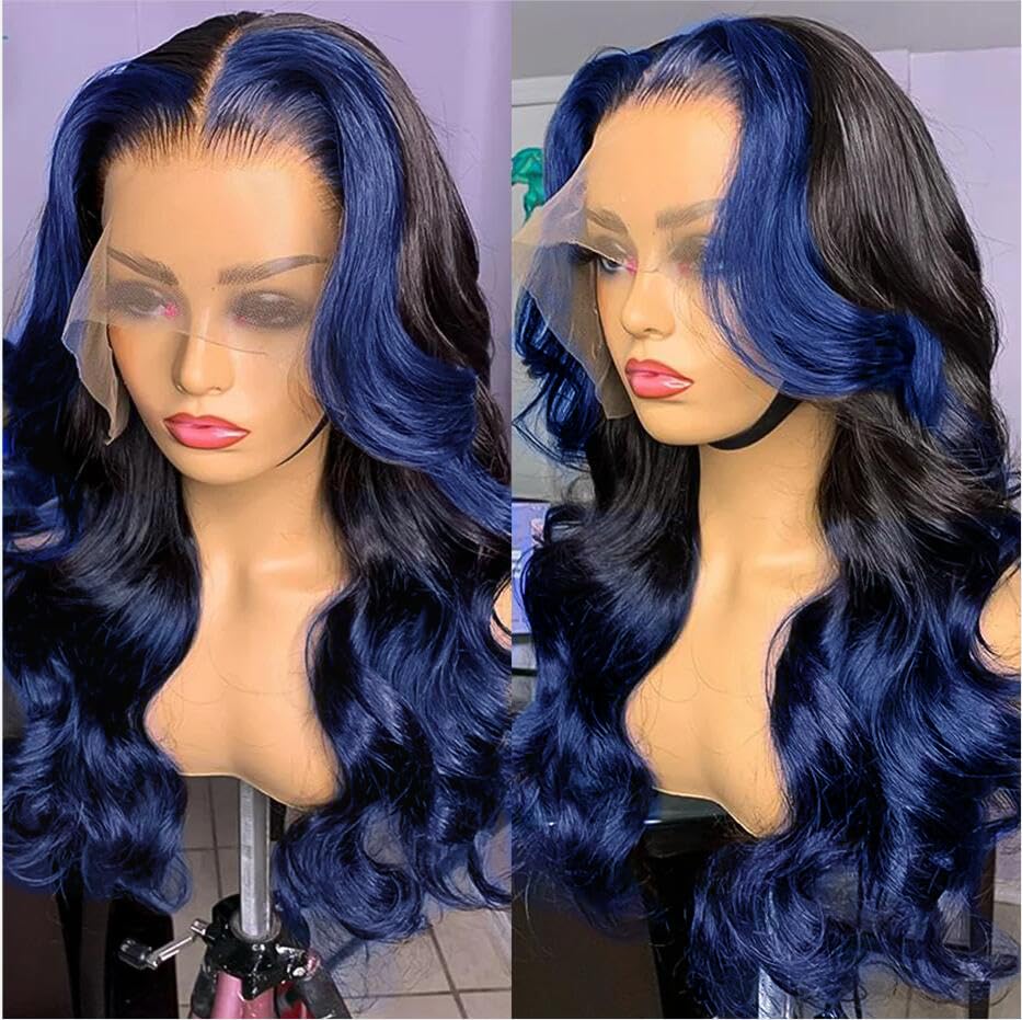 Yms Ombre Blue 13X4 Hd Lace Front Wigs Human Hair 180% Density Dark Blue Human Hair Wigs For Women Blue Skunk Stripe Glueless Wi