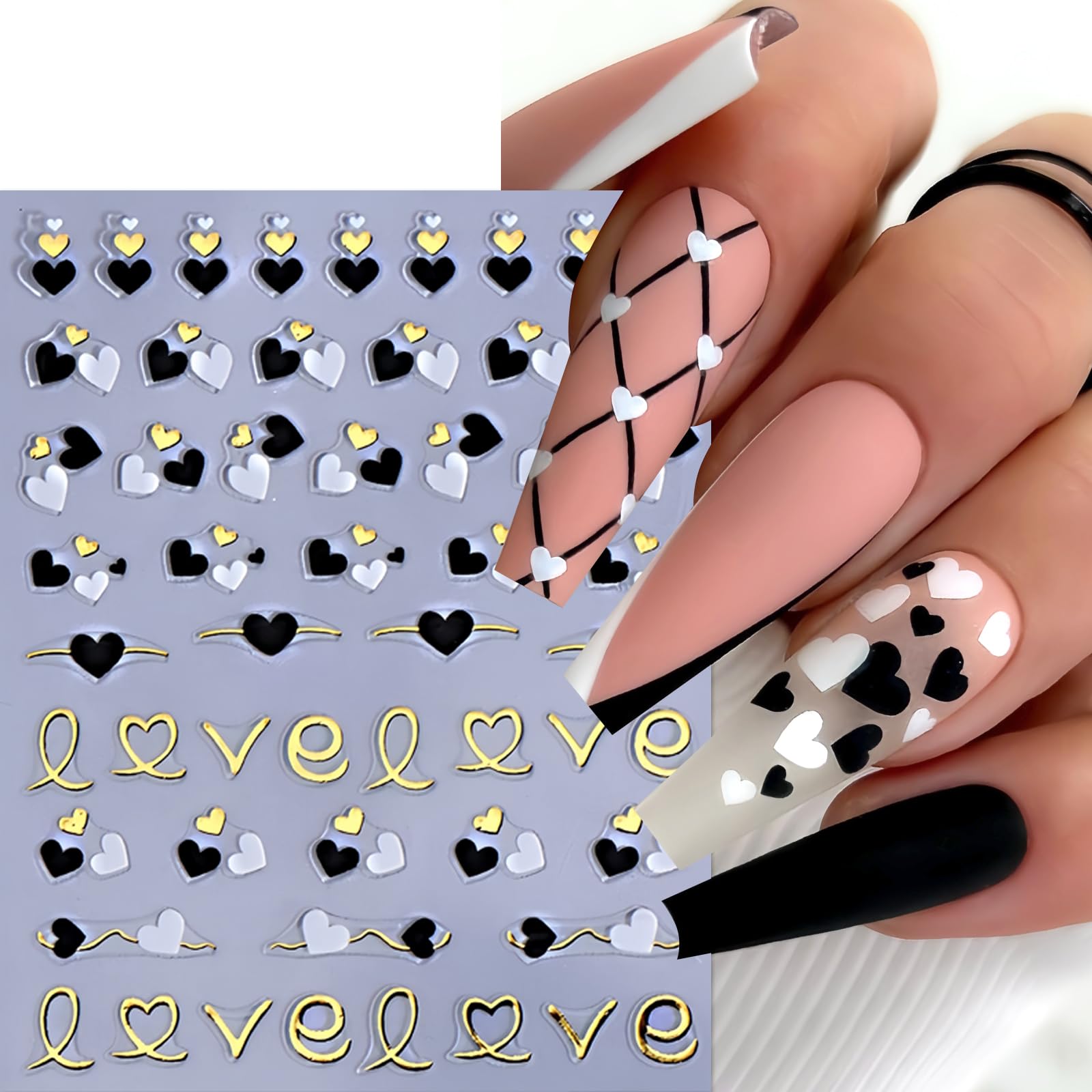 6Pcs Heart Bows Nail Art Stickers Valentine'S Day 3D Self Adhesive Nail Decals Gold Heart Rhinestone Letter Nail Sticker Golden