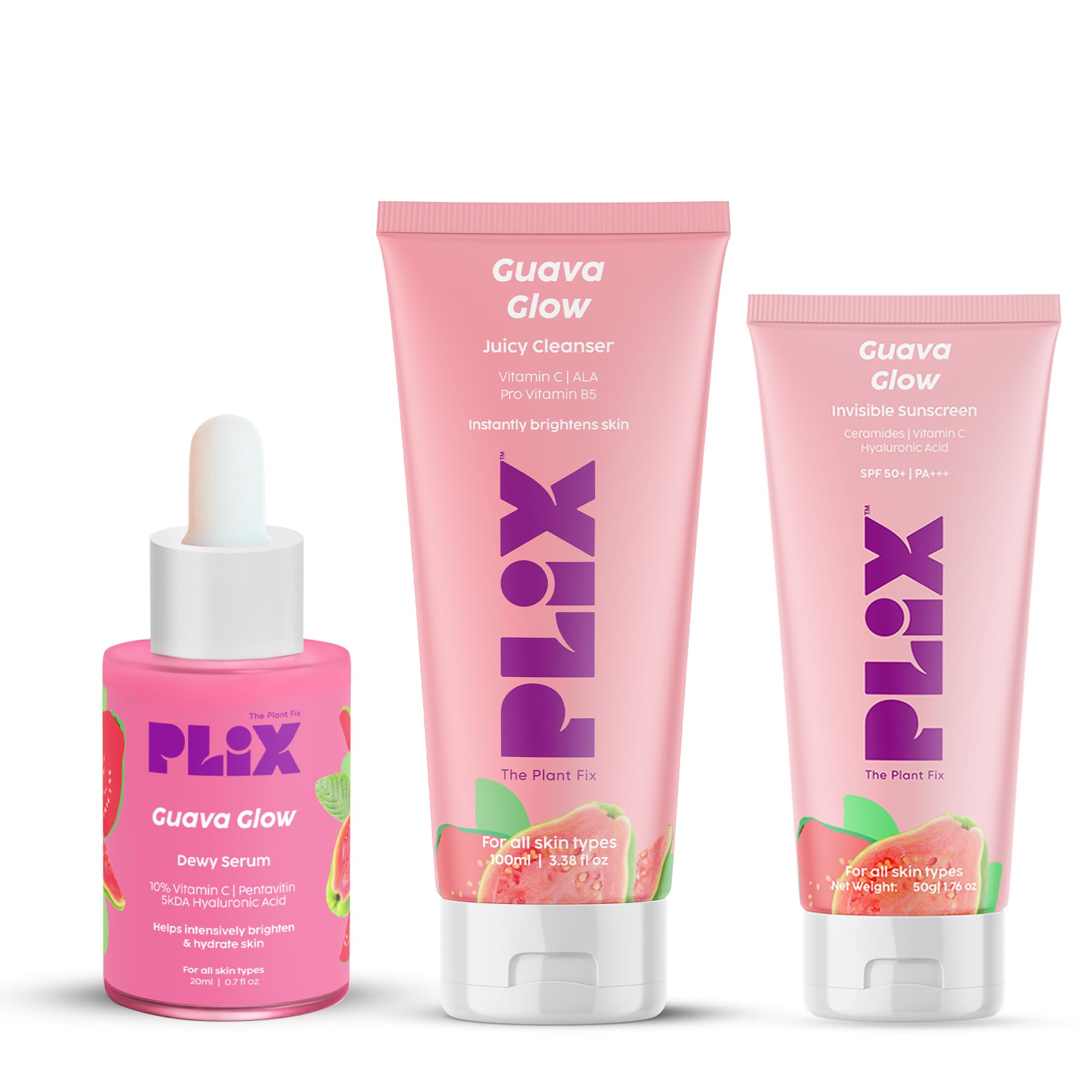 The Plant Fix Plix Vitamin C Guava Skincare Combo, Face Serum, Cleanser & Zero White Cast Sunscreen | For Skin Brightening & Sun