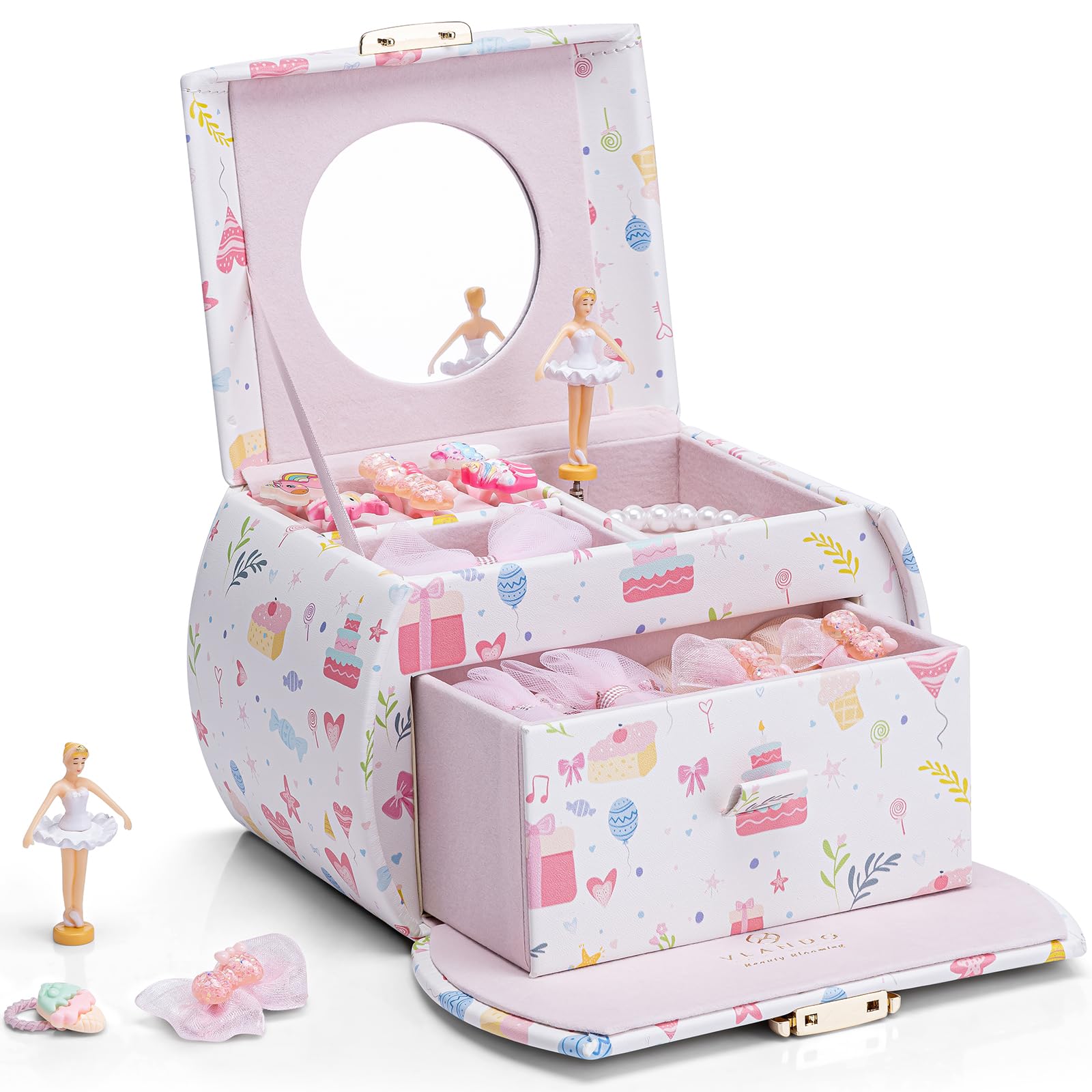 Vlando Musical Jewelry Box for Girls Kids with Drawer, Music Box with Ballerina and Stickers for Birthday Bedroom Decor, Fantasy