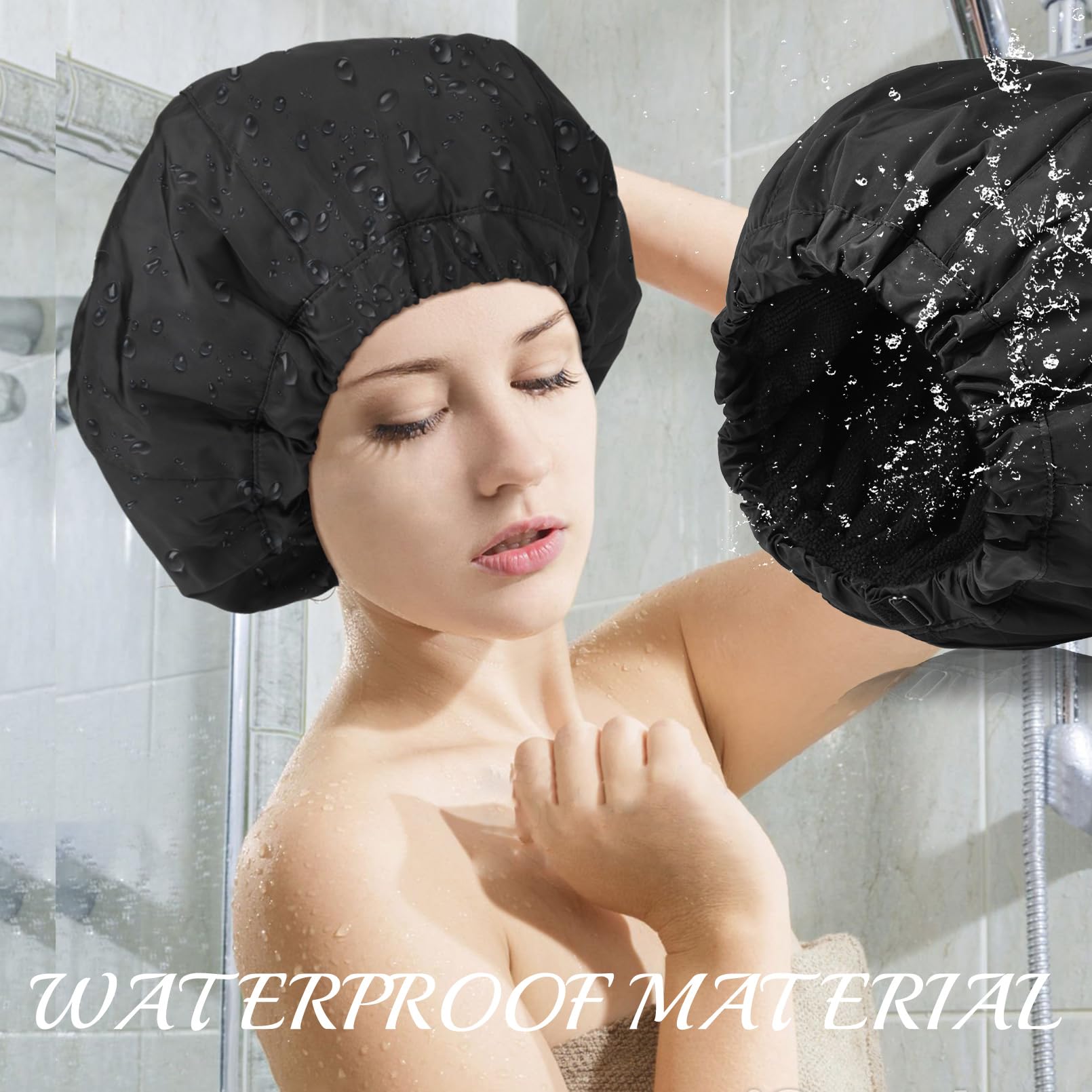 Shower Cap For Women Black Bath Cap, Reversible Large Waterproof Adjustable Shower Caps Terry Lining & Elastic Band Stretch Hem