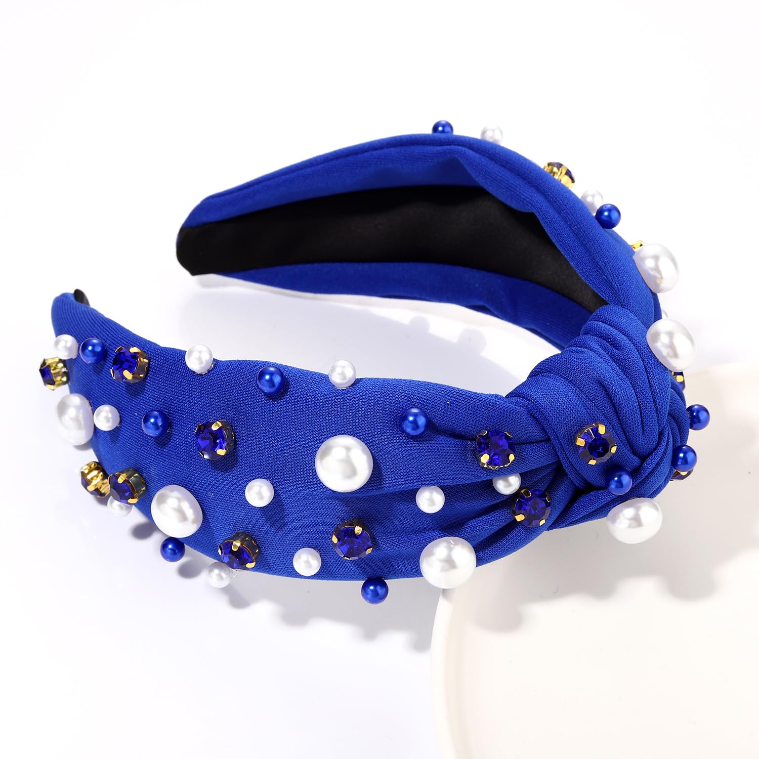 Glbcc Pearl Knotted Headband, Blue, Football Game Day Hairband With Rhinestone Embellishment, Wide Headband For Women, Sports Ha