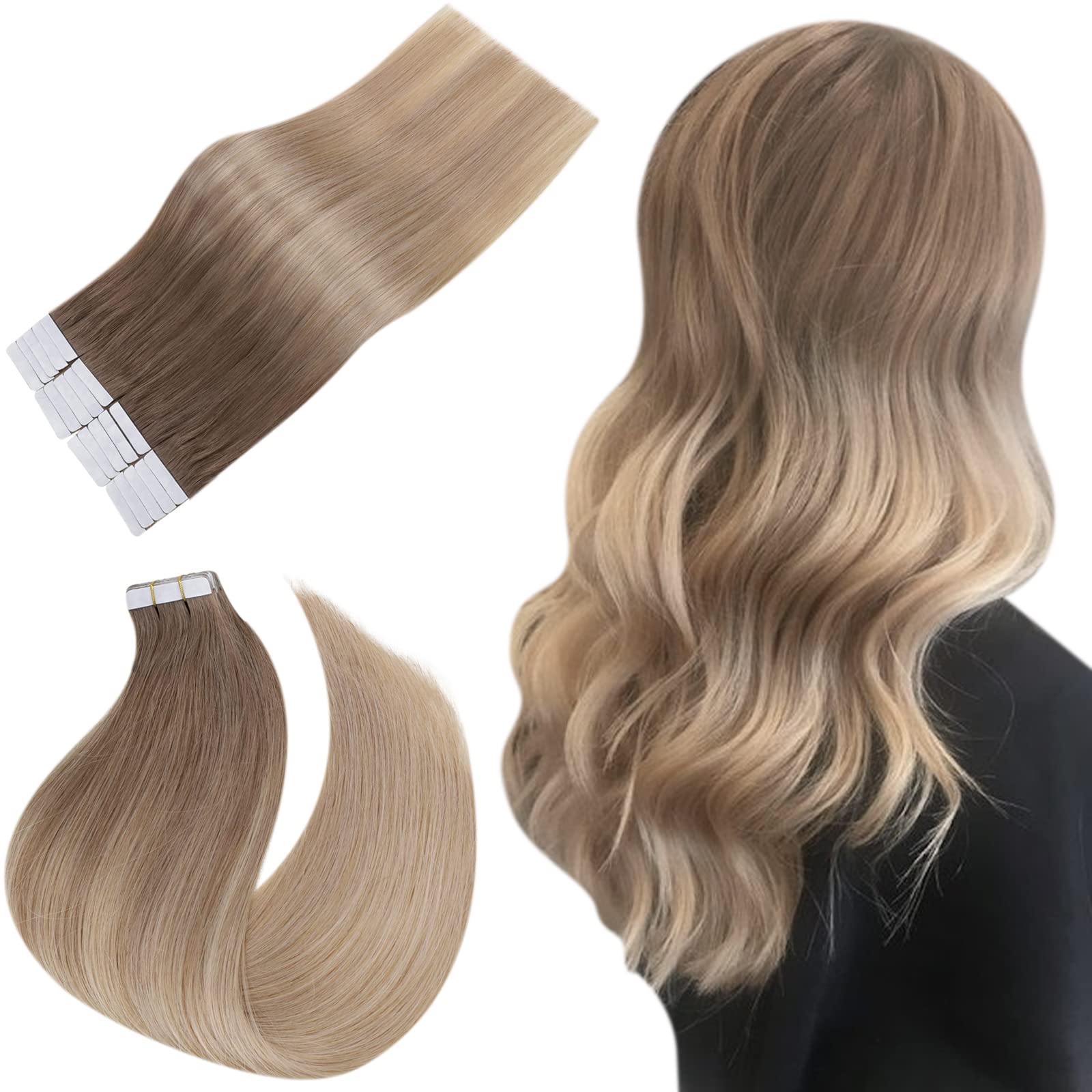 Easyouth 12Inch Tape In Hair Extensions Human Hair Balayage Brown Fading To Golden Blonde Real Human Hair Tape In Extensions Dou
