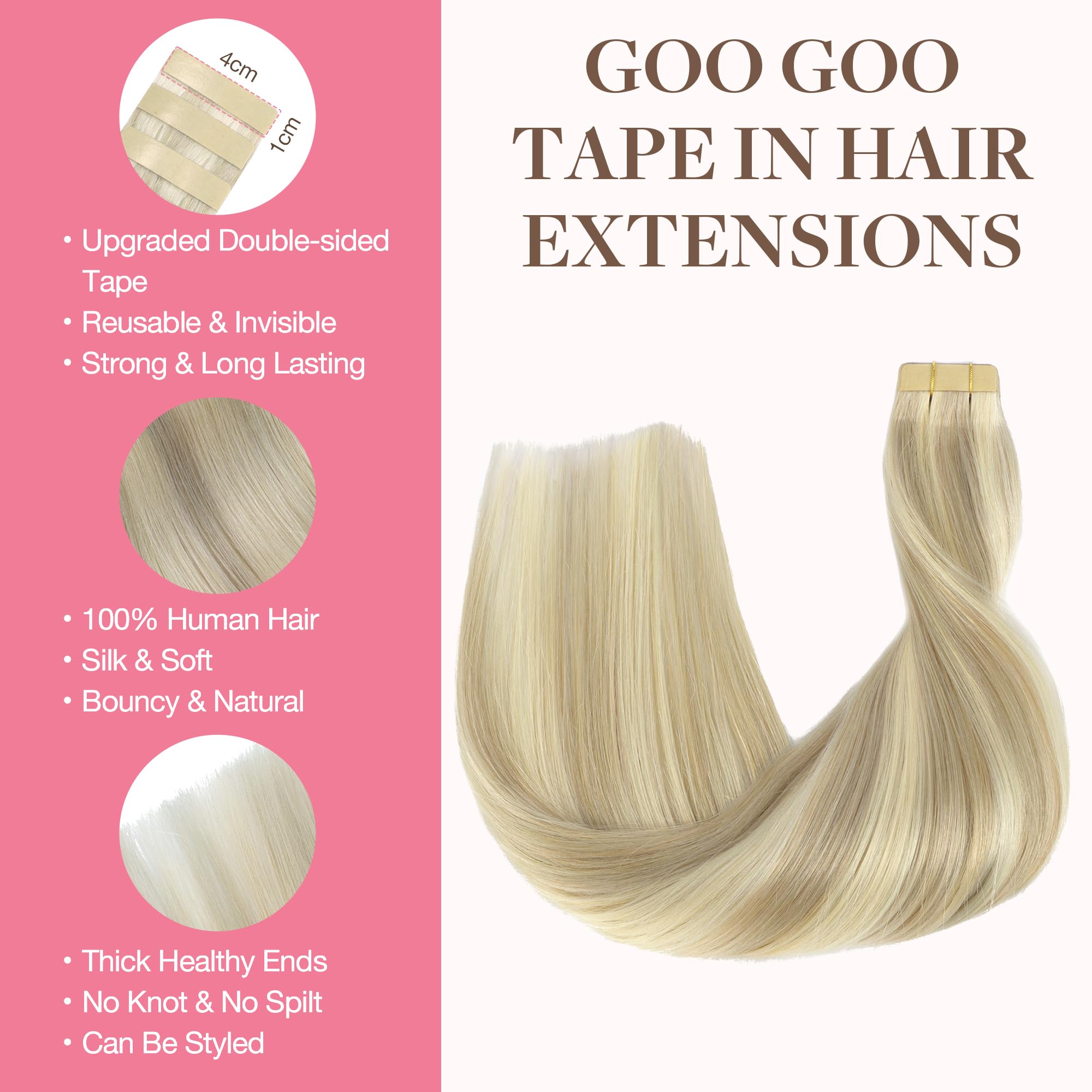 Goo Goo Tape In Hair Extensions Human Hair, 17A/60A Ash Blonde Highlighted Platinum Blonde, 20Inch 50G 20Pcs, Thick Ends Straigh