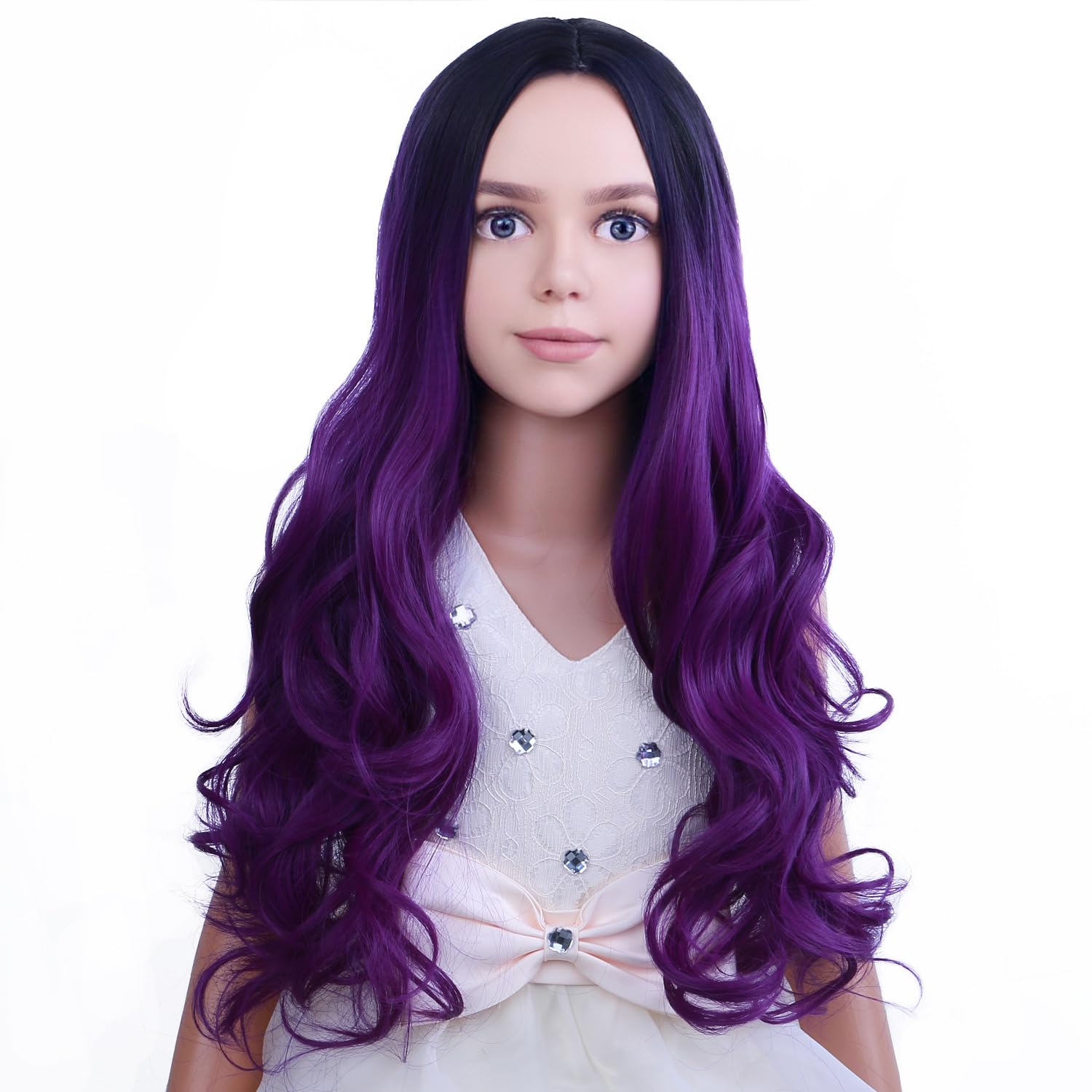 PATTNIUM Dark Purple Wig Kids Child Wig Long Curly Wavy Wig Ombre Purple Wig Middle Part Girls Wig Black to Purple Wigs Heat Res