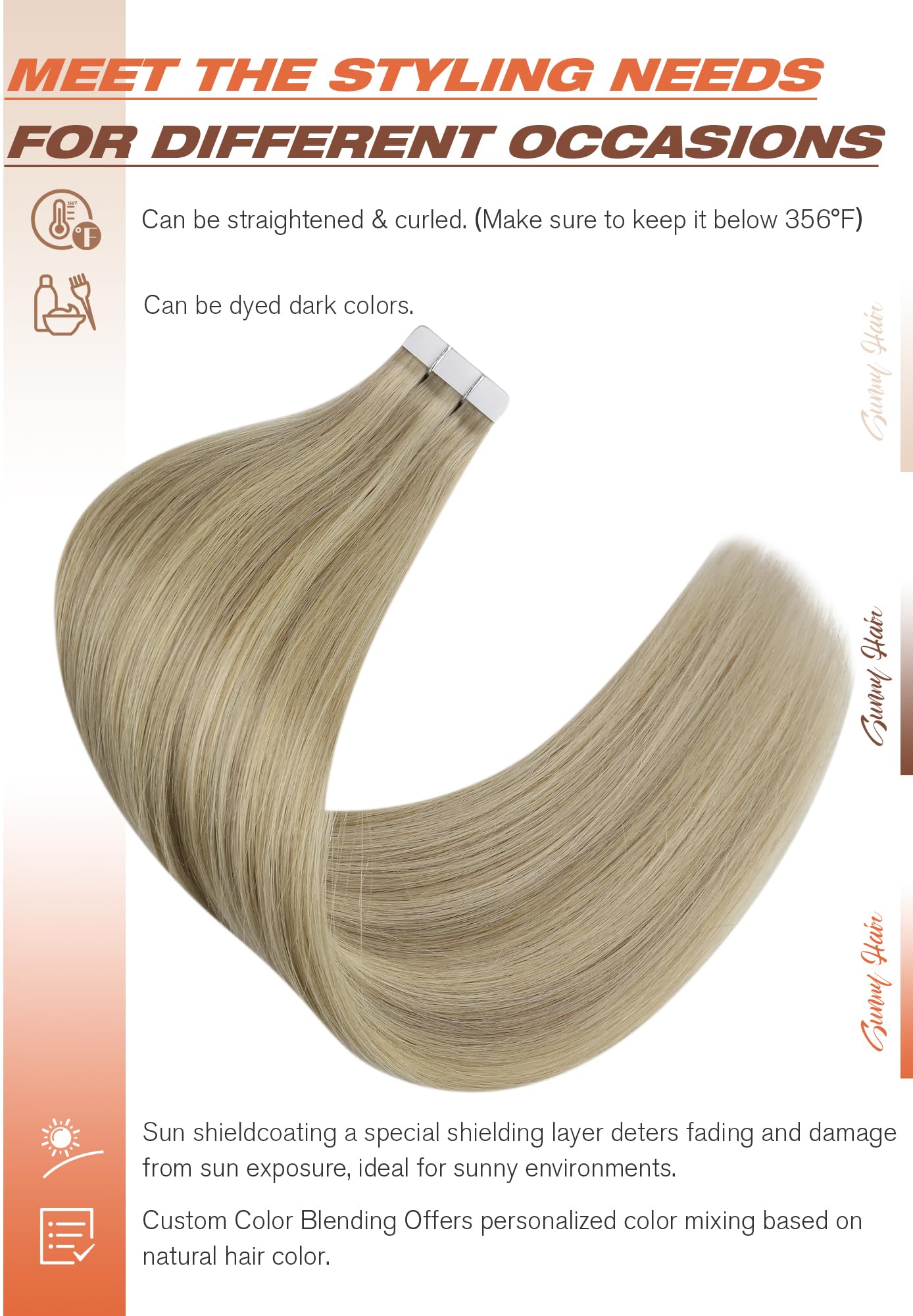 Sunny Hair Tape in Hair Extensions Real Human Hair Invisible Remy Hair Extensions Tape ins for Women Golden Blonde Highlight Med