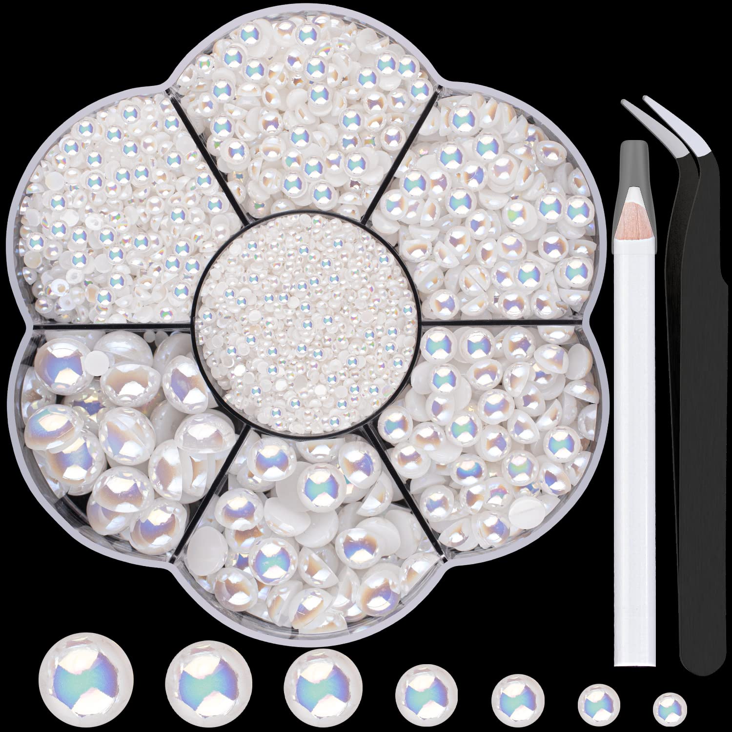 Nail Art Flat Back Half Round Pearl Kits 11, 1 Box of 5600 Pcs Flat-Back gold Pearl with Tweezer and Picker Pencil for Home DIY