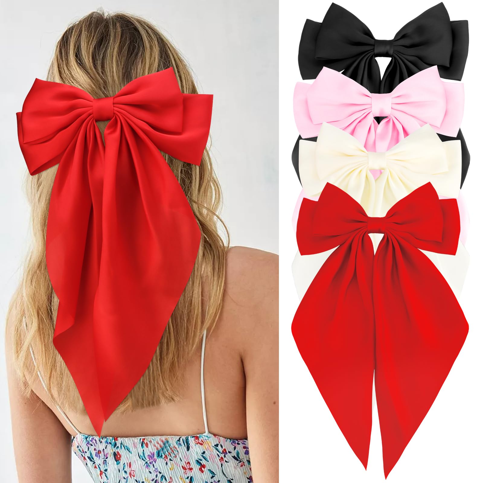 Velscrun Black Beige Pink Red Hair Bows for Women Girls, Silky Satin Large Coquette Bow, Oversized Hair Ribbons 4Pcs Big Bows Cl