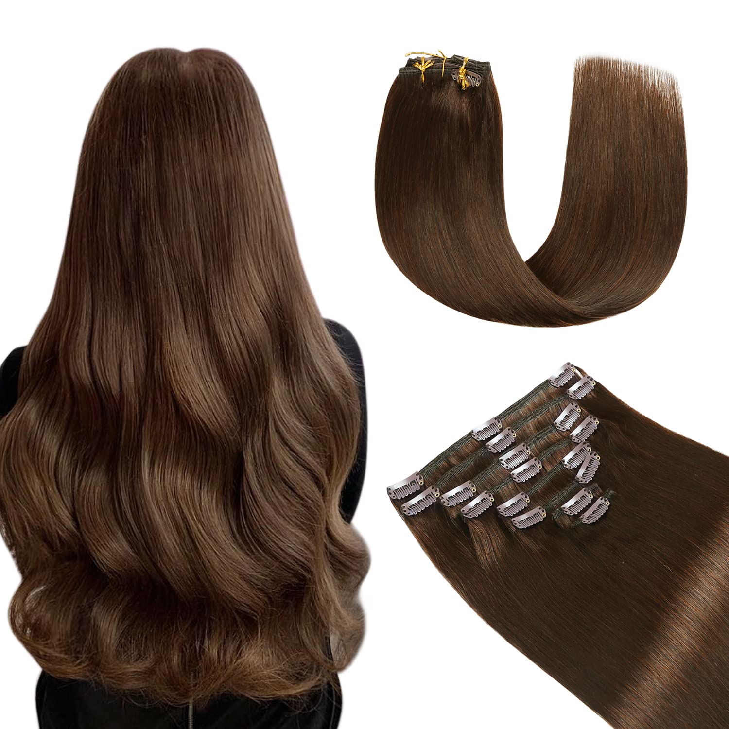 YILITE Hair Extensions Clip in Human Hair 100% Remy Real Hair 110g 8Pcs Chocolate Brown Straight Silky Hair Double Weft Clip ins