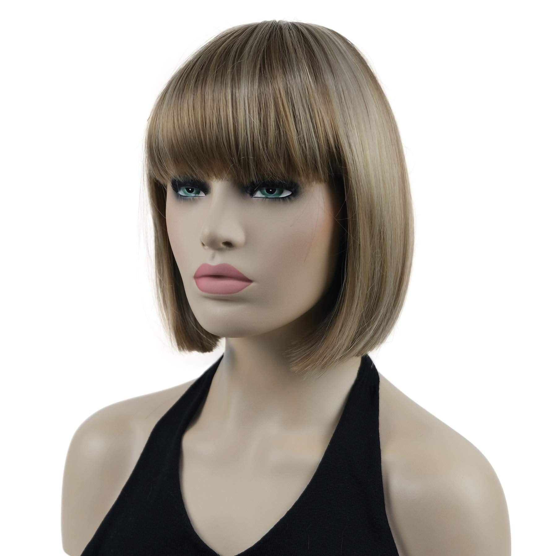 Lydell 8'' Straight Short Bob Hair Flat Bangs Cute Central Dot Skin Top Heat Resistant Synthetic Wigs (14-24 Lt Golden Brown)
