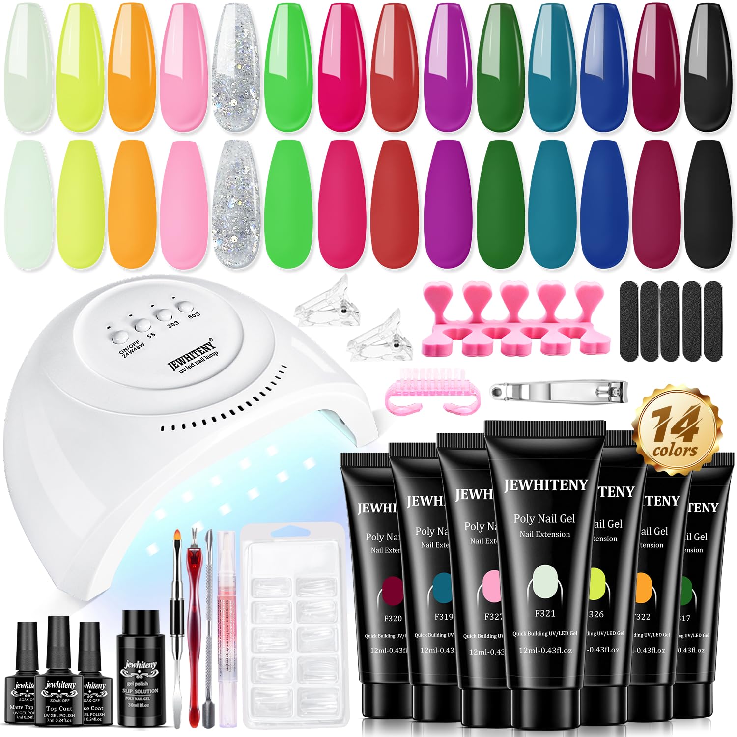 JEWHITENY 14 Colors Poly Nail Gel Kit With Nail Lamp Poly Nail Extension Gel All-in-one Kit Builder Nail Gel Nail Strengthen Nai