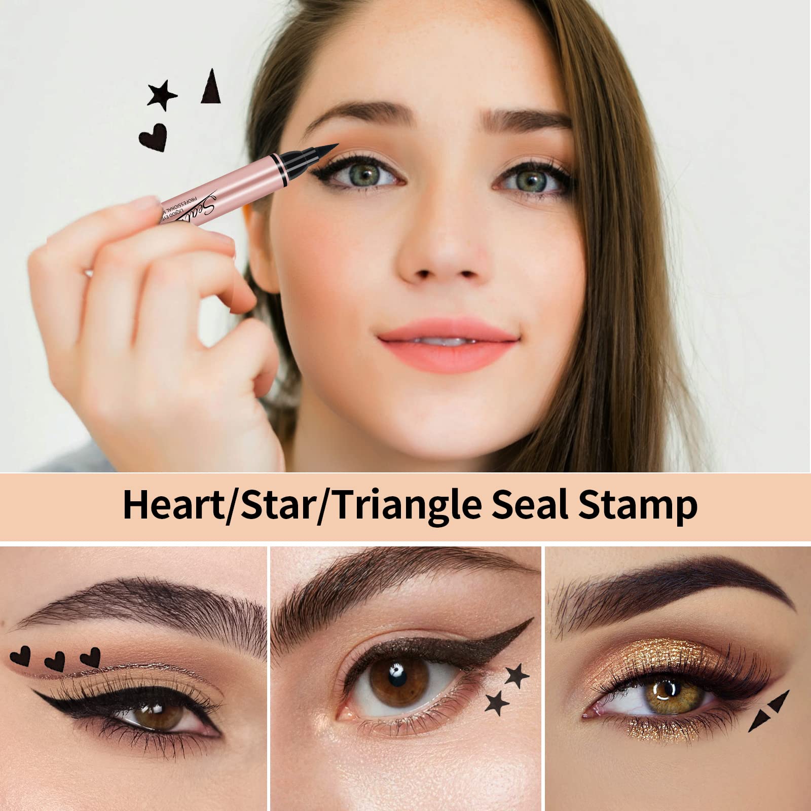 Popmisoler 5 Pcs Liquid Eyeliner Pen Stamp Set, Dual Ended Black Eyeliner With Heart/Star/Triangle Shape Eye Liner Stamp Waterpr