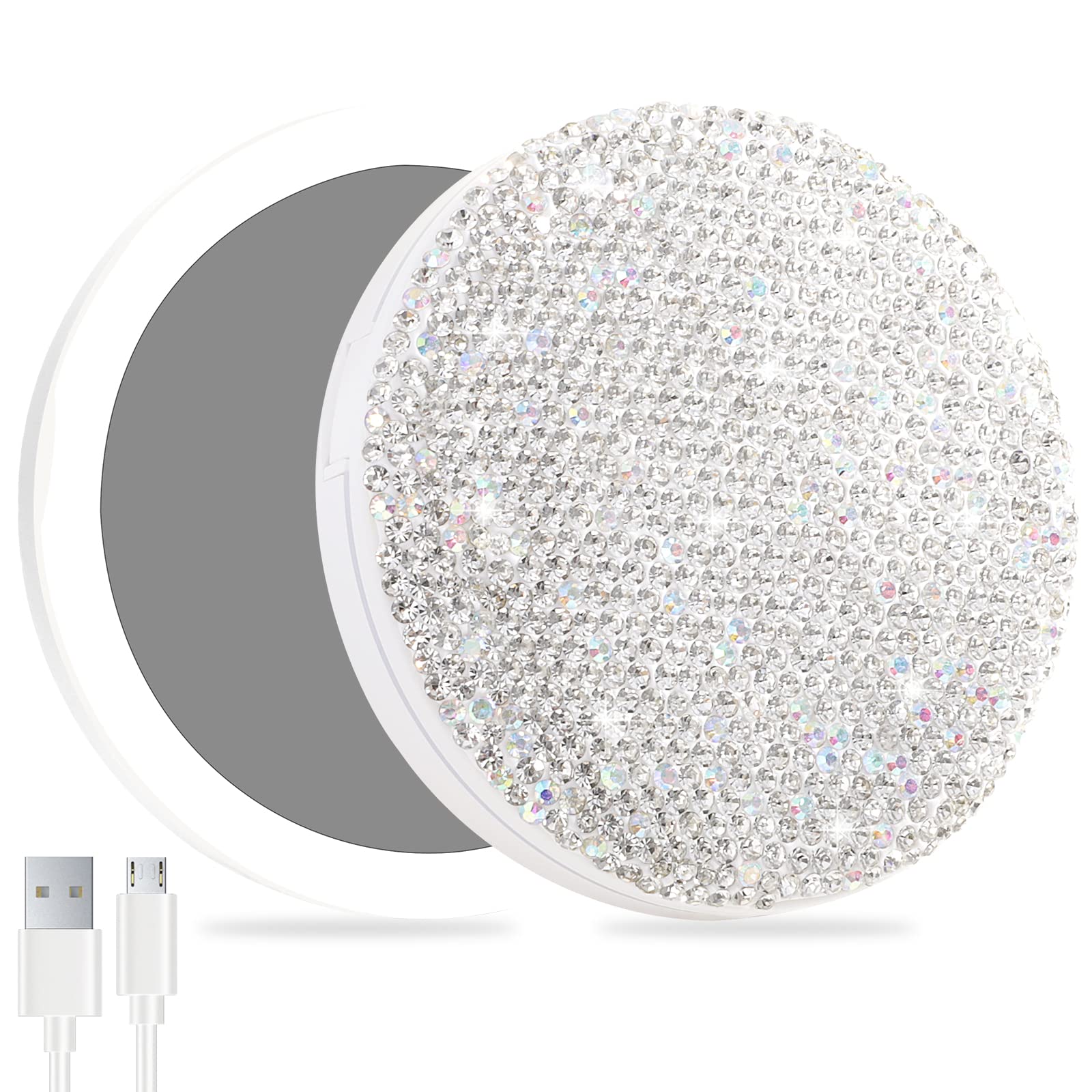 Qearfun Luxurious Rhinestone Led Lighted Compact Mirror,Bling Portable Travel Makeup Mirrors,3.5 Inch Rechargeable Mini Magnifyi