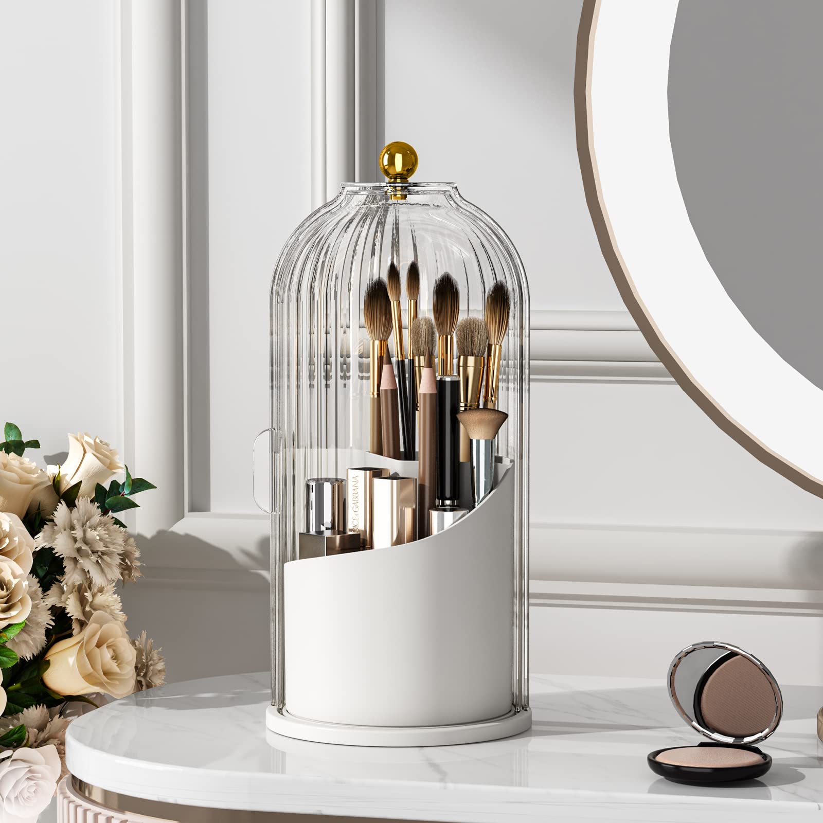 Zeinwap 360 Rotating Makeup Brush Holder With Lid | Clear Dustproof Cosmetic Organizer For Vanity | Bathroom Countertop & Makeup