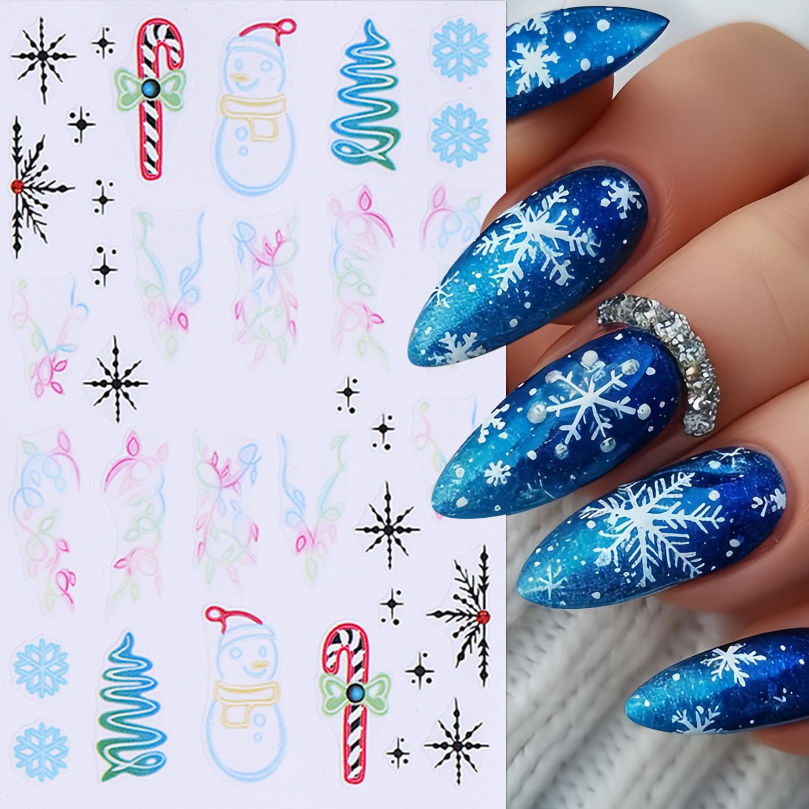 5Sheets Christmas Nail Art Stickers Decals Snowman Elk Christmas Nail Decals 3D Self-Adhesive Snowflake Christmas Nails Design W