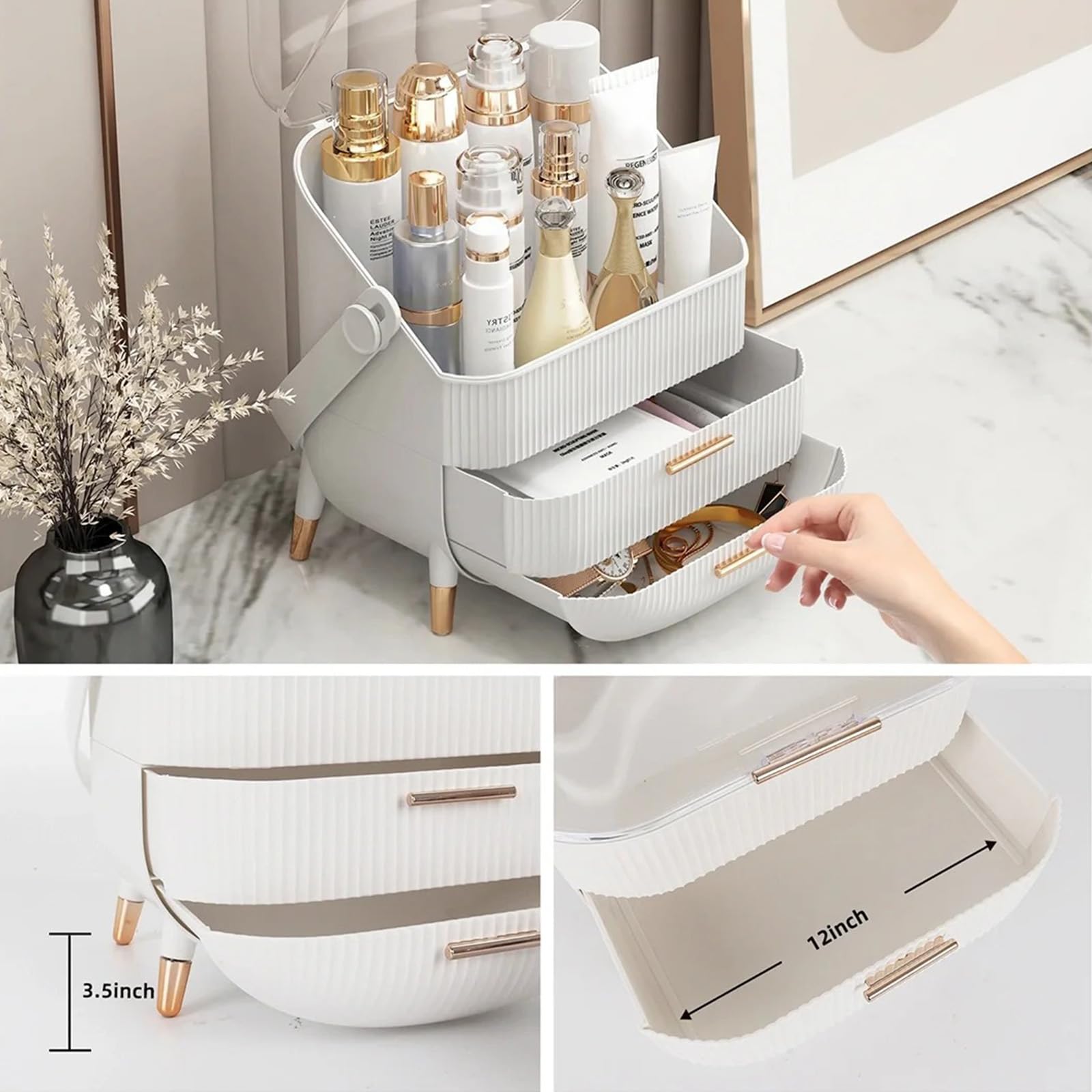 Rman Makeup Organizer For Vanity Make Up And Cosmetics Storage With Lid And Drawers Skincare Organizers Display Cases For Counte