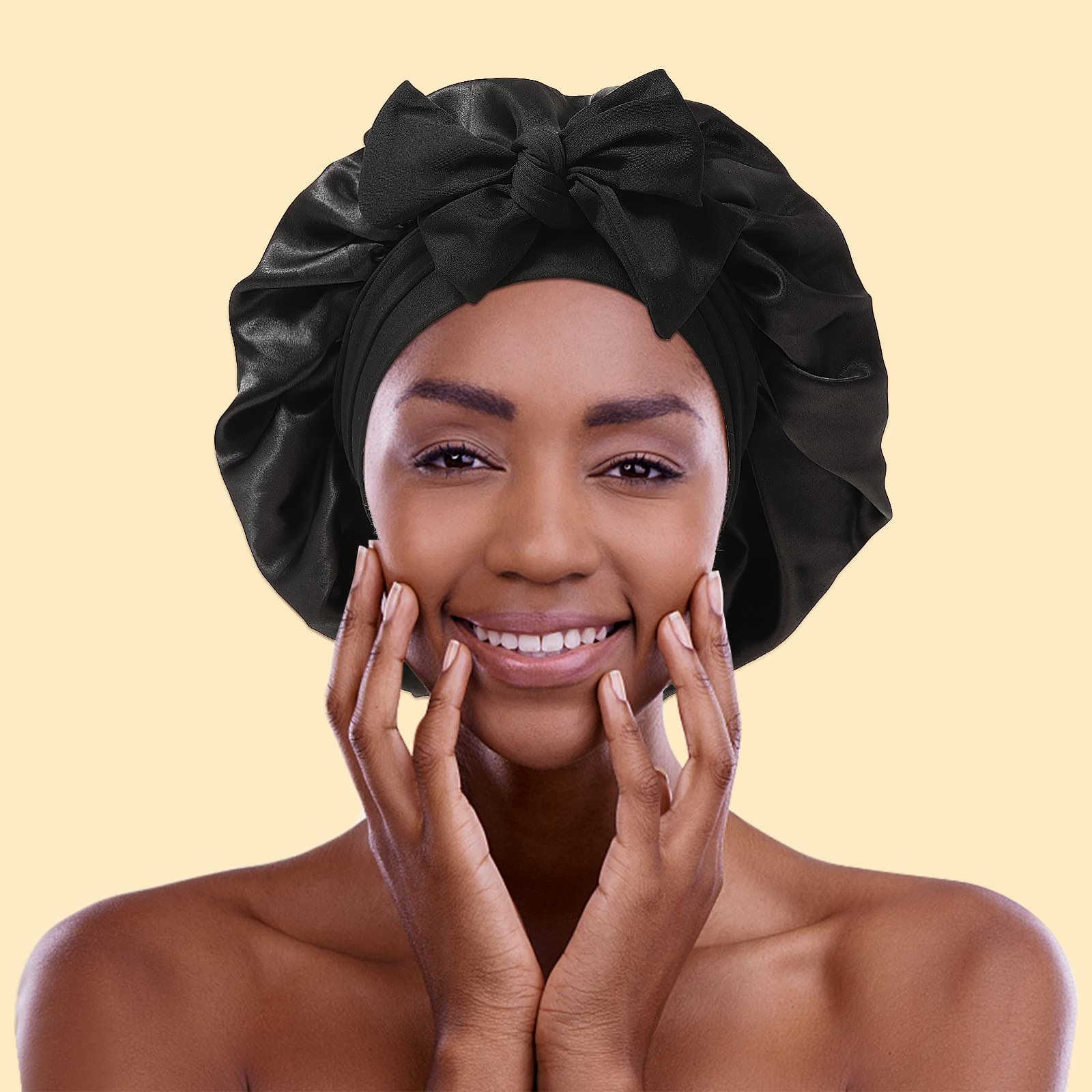 Satin Bonnet For Women Tie Band Hair Bonnet For Sleeping Large 2 Layered Silk Sleeping Cap Nightcap For Sleeping With 3Pcs Hair