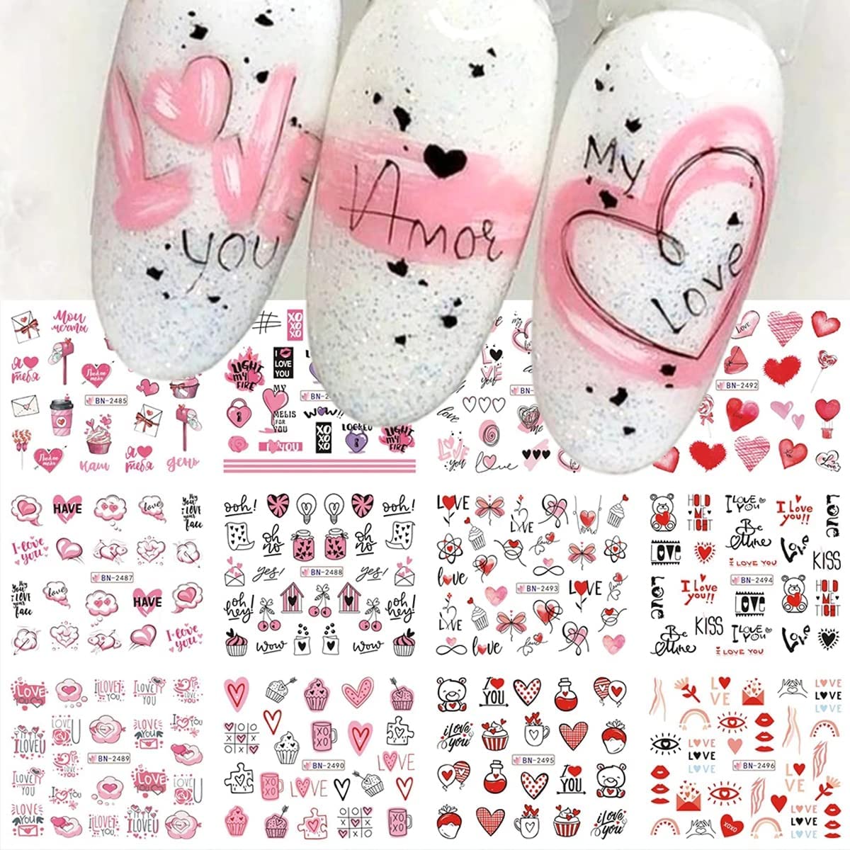 24Pcs Valentine 'S Day Nail Art Stickers - Heart Nail Water Decals Transfer Foils Valentine 'S Series Sticker For Nails Red Love