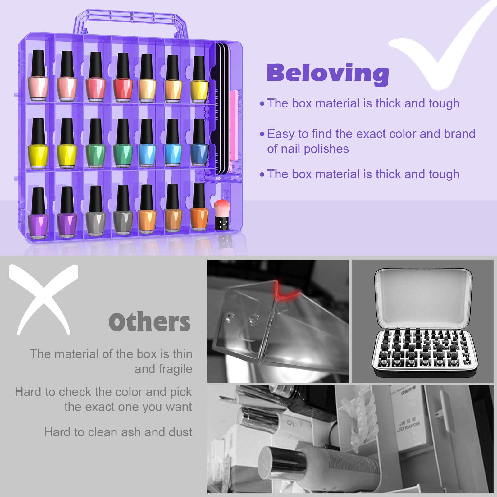 Beloving 2Pcs Nail Polish Organizer, Portable 48 Bottles Clear Nail Polish Holder With Adjustable Divider, Gel Nail Polish Stora
