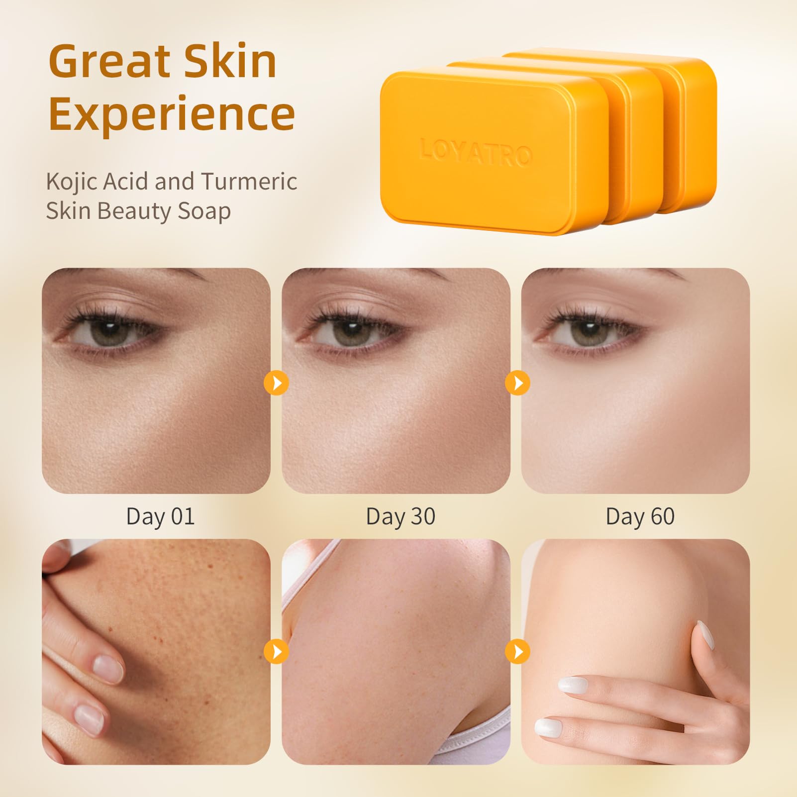 LOYATRO Kojic Acid Turmeric Soap Bar 3 Pack for Body & Face, Made with Natural and Organic Ingredients. Gentle Soap, For All Ski