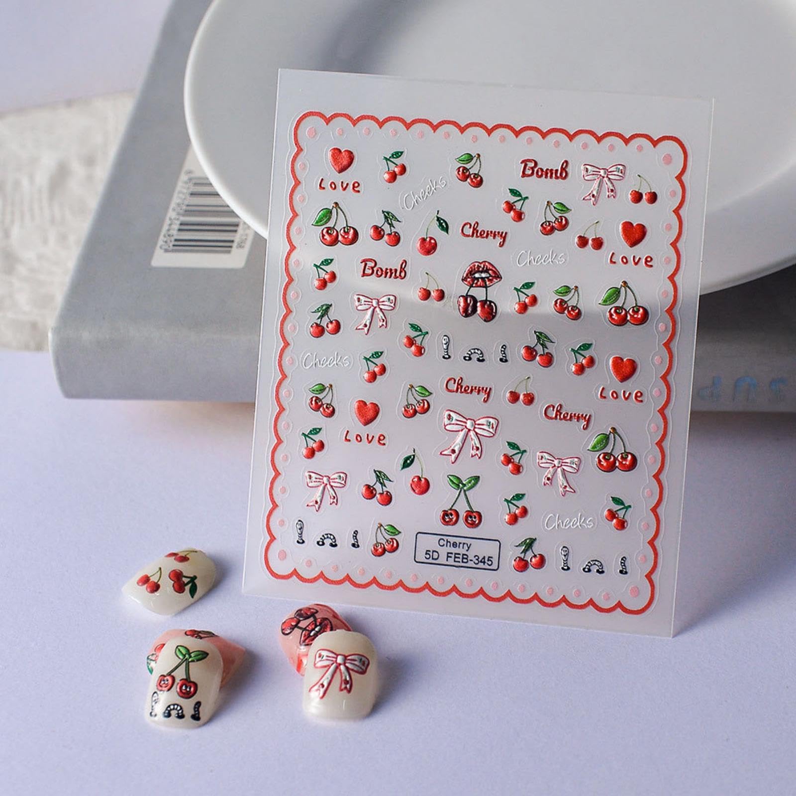 Fruit Nail Art Stickers 5D Embossed Cherry Nail Stickers Self-Adhesive Heart Love Bow Nail Decals for Women Girls Daily Wear Man