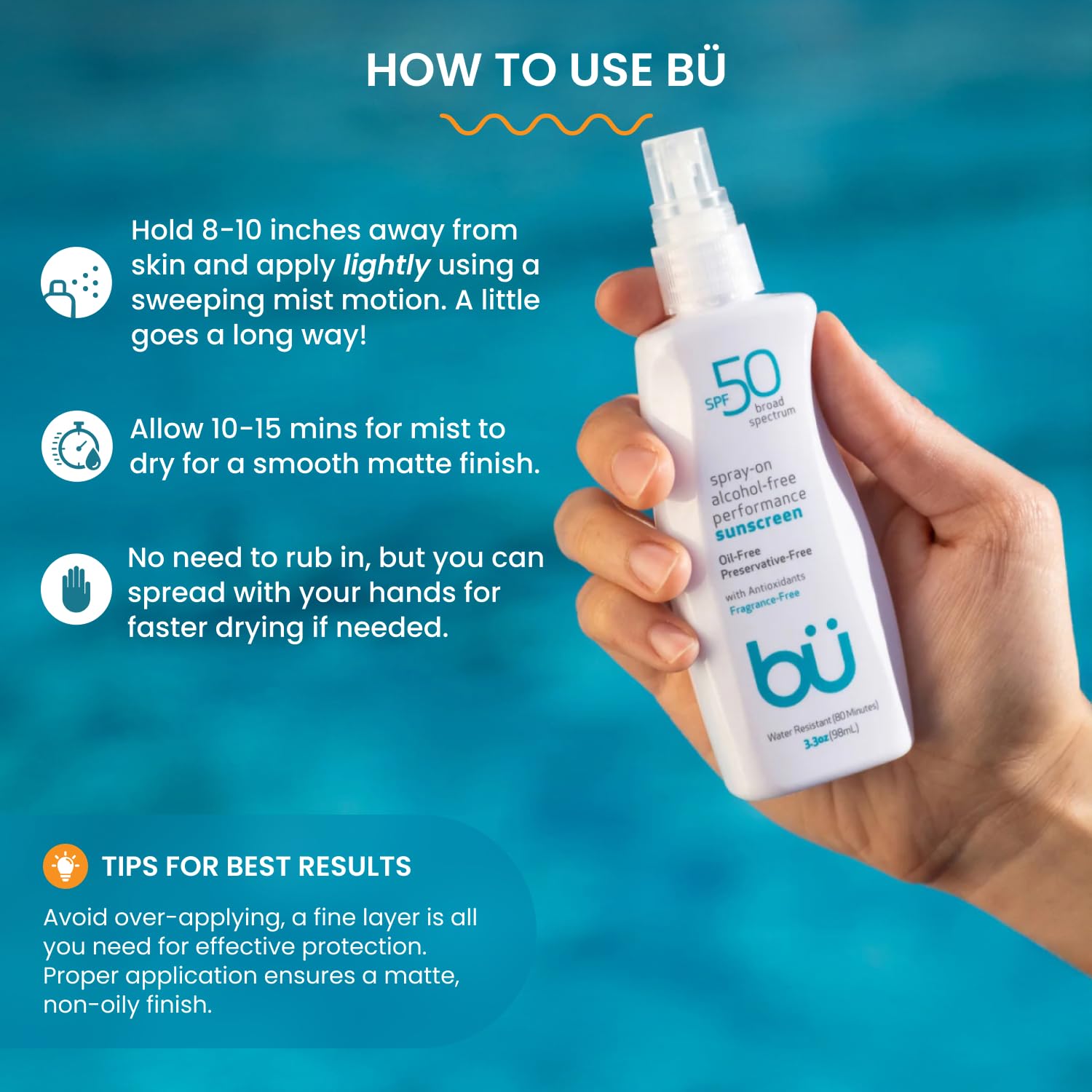 BU SPF 50 Sunscreen Spray for Face and Body, Non Aerosol Spray, Fragrance Free, Clear, Non Greasy, Water Resistant, Fragrance Fr